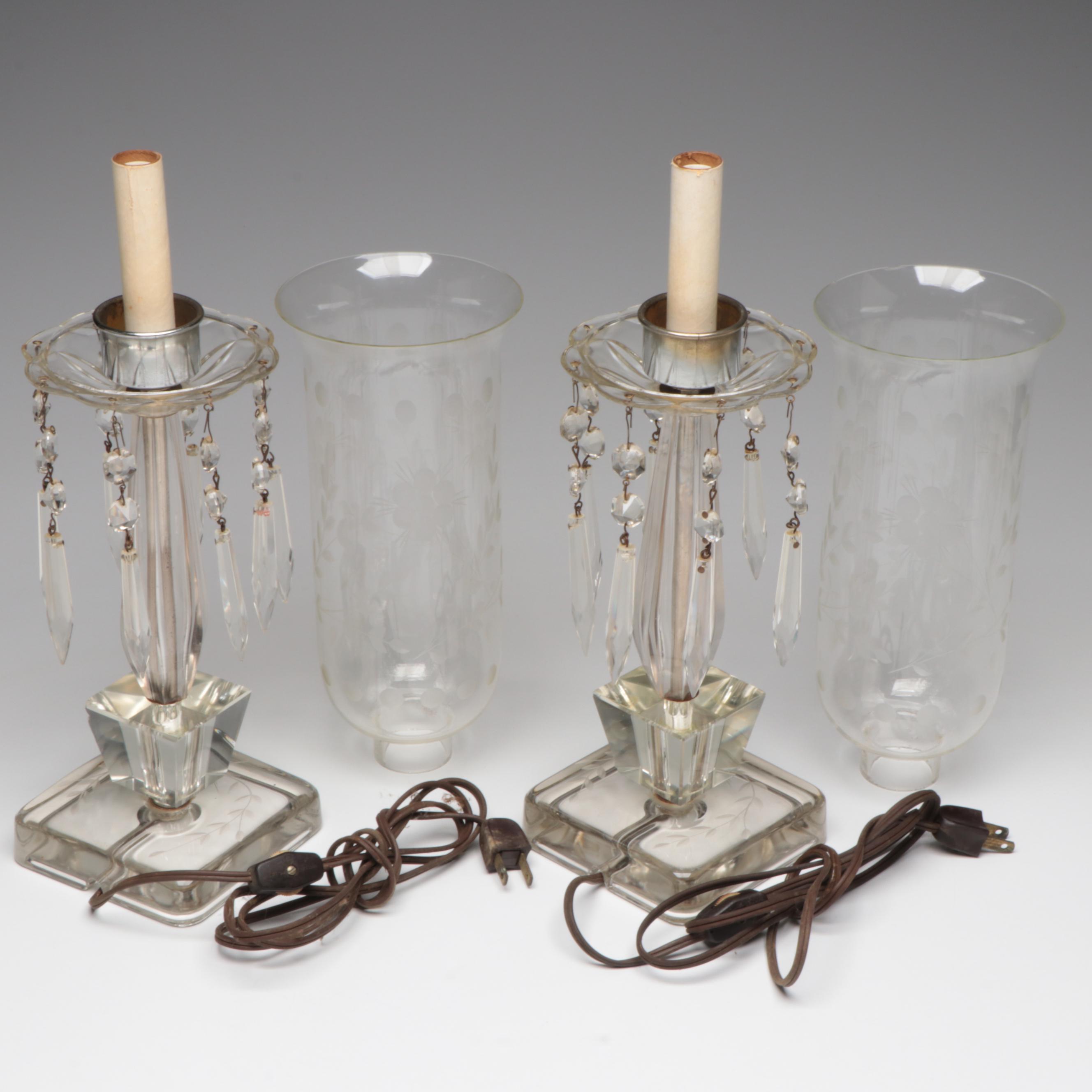 Wheel Etched Glass Electric Hurricane Lamp Pair with Shades