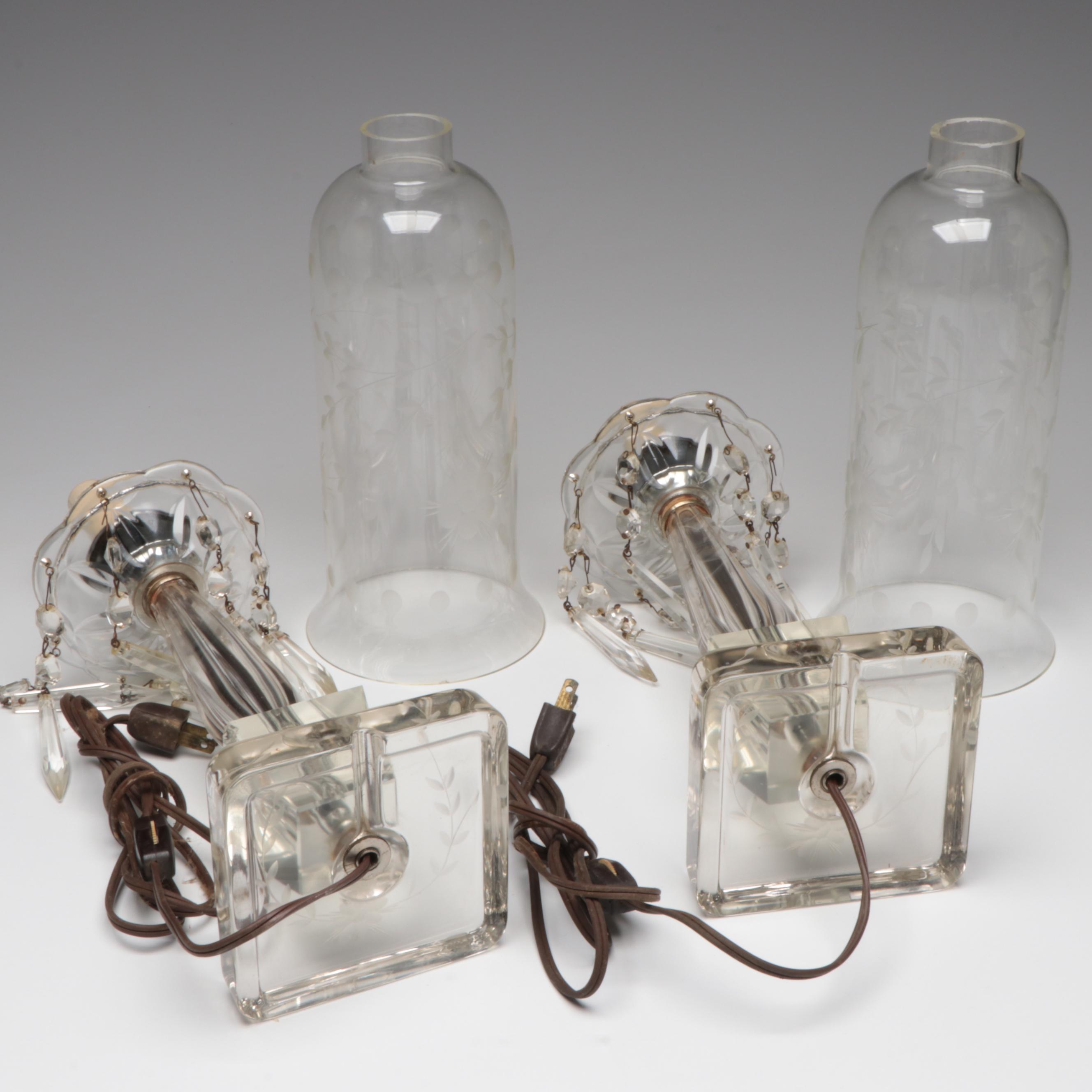 Wheel Etched Glass Electric Hurricane Lamp Pair with Shades