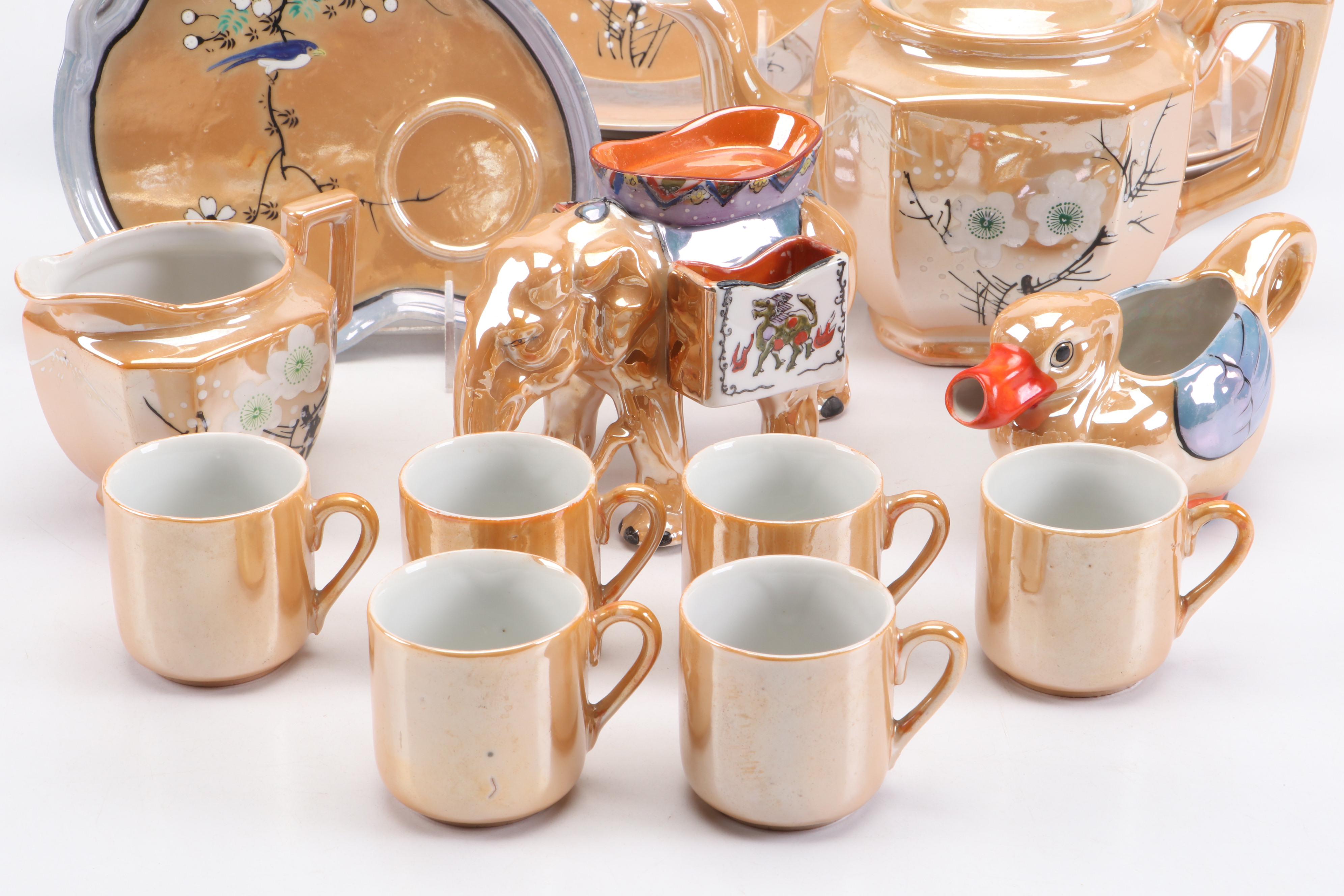 Art Deco Peach Lusterware Snack Sets with Other Tableware and Accessories