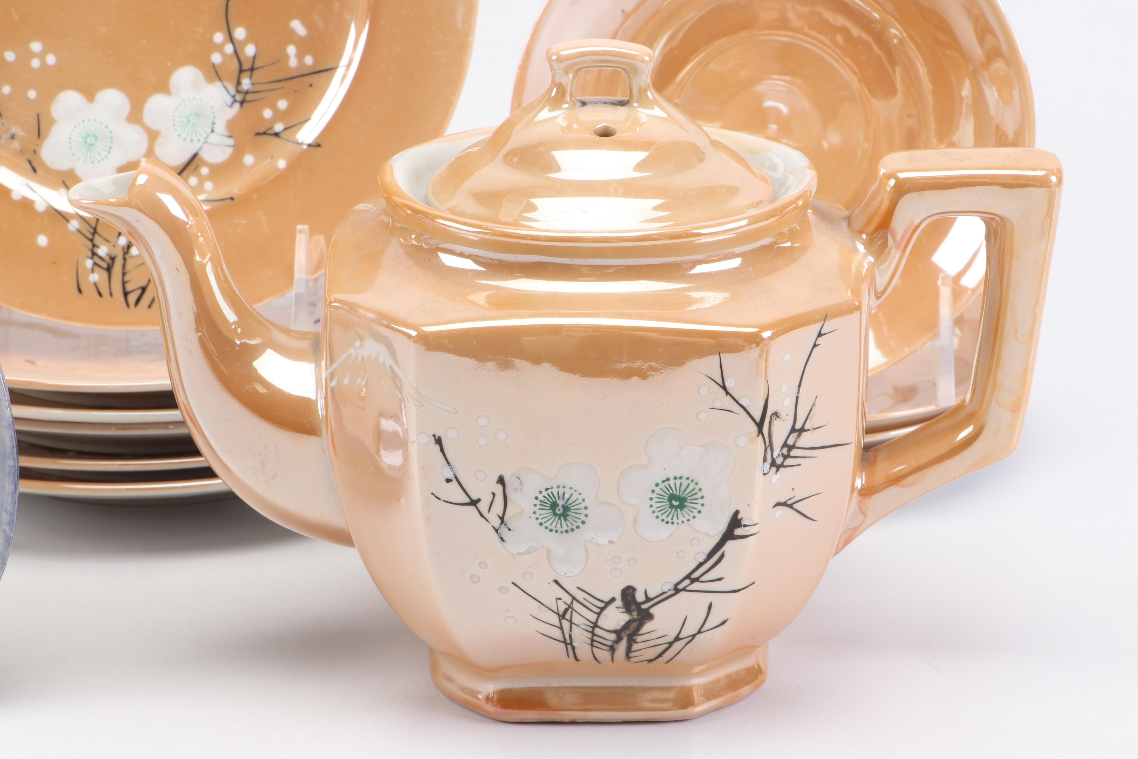 Art Deco Peach Lusterware Snack Sets with Other Tableware and Accessories