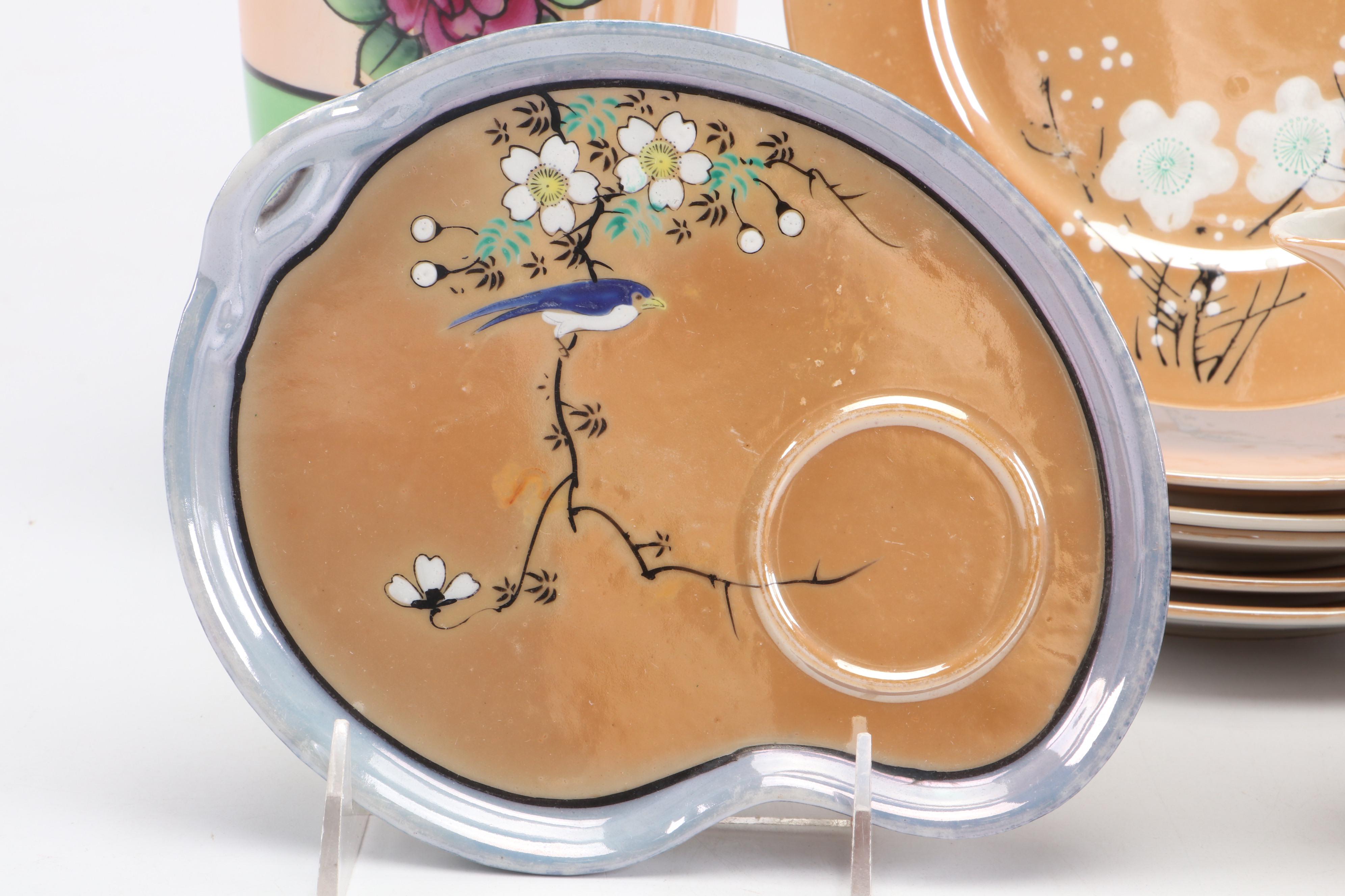 Art Deco Peach Lusterware Snack Sets with Other Tableware and Accessories