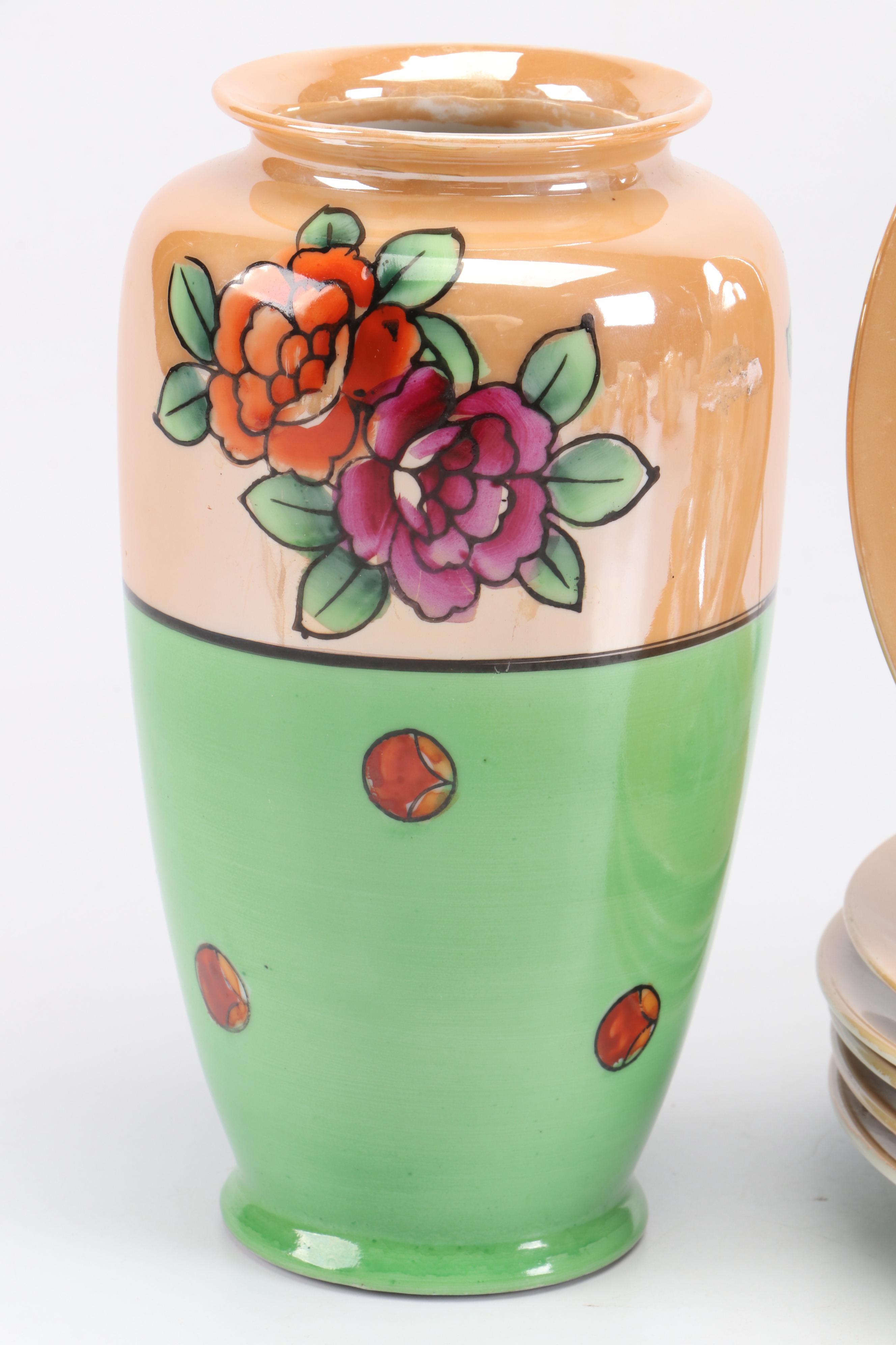 Art Deco Peach Lusterware Snack Sets with Other Tableware and Accessories