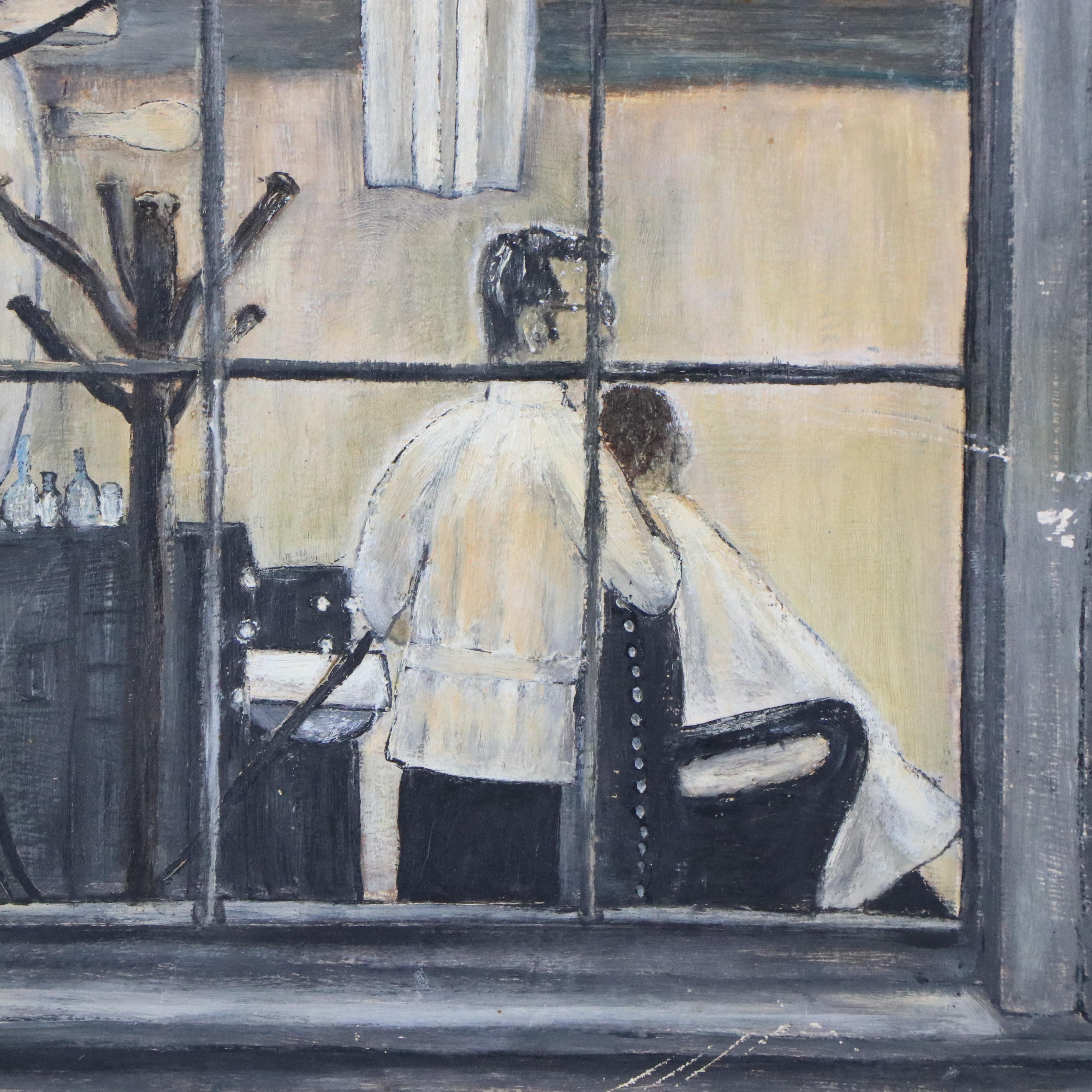 Cityscape Oil Painting of Street Window View of Barber Scene