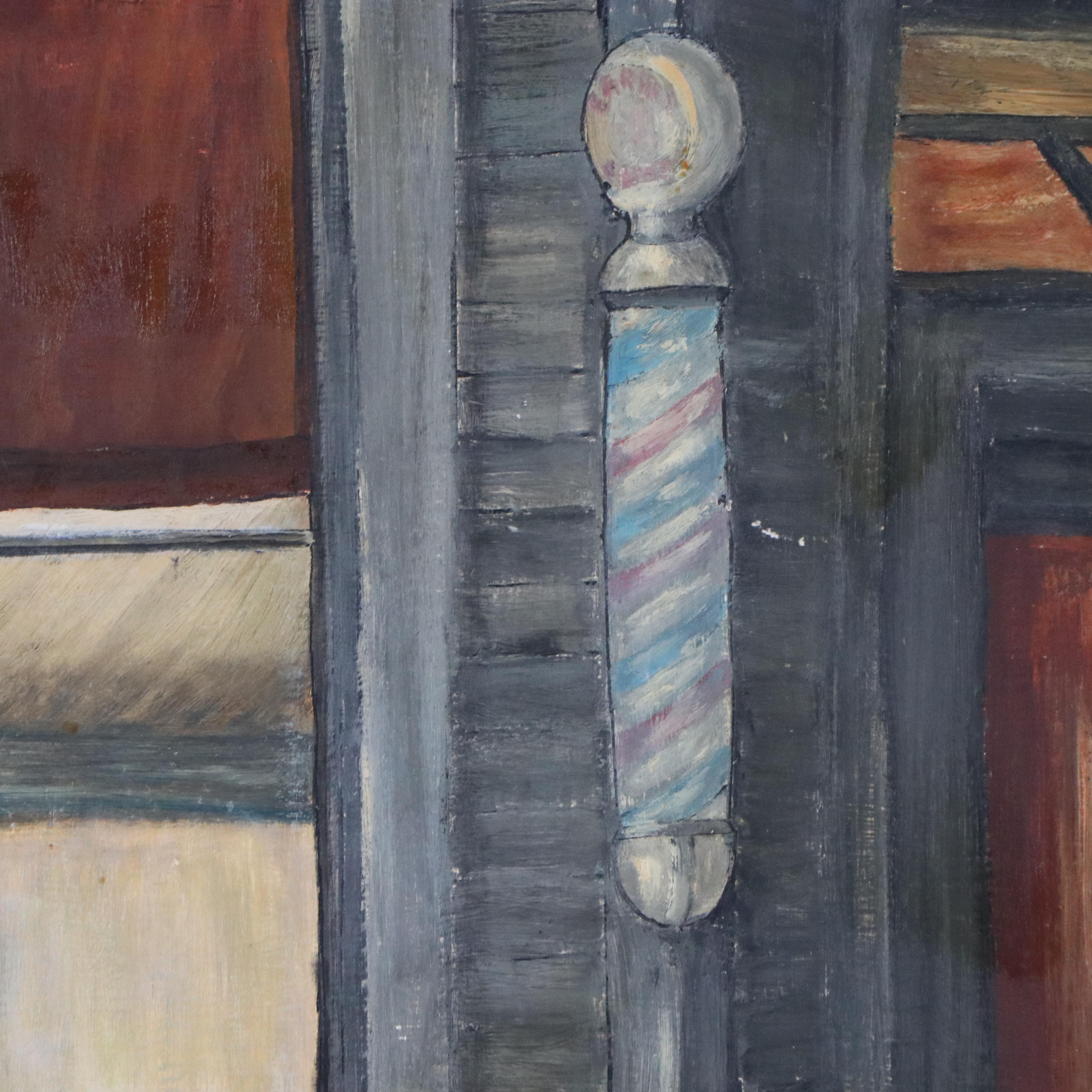 Cityscape Oil Painting of Street Window View of Barber Scene