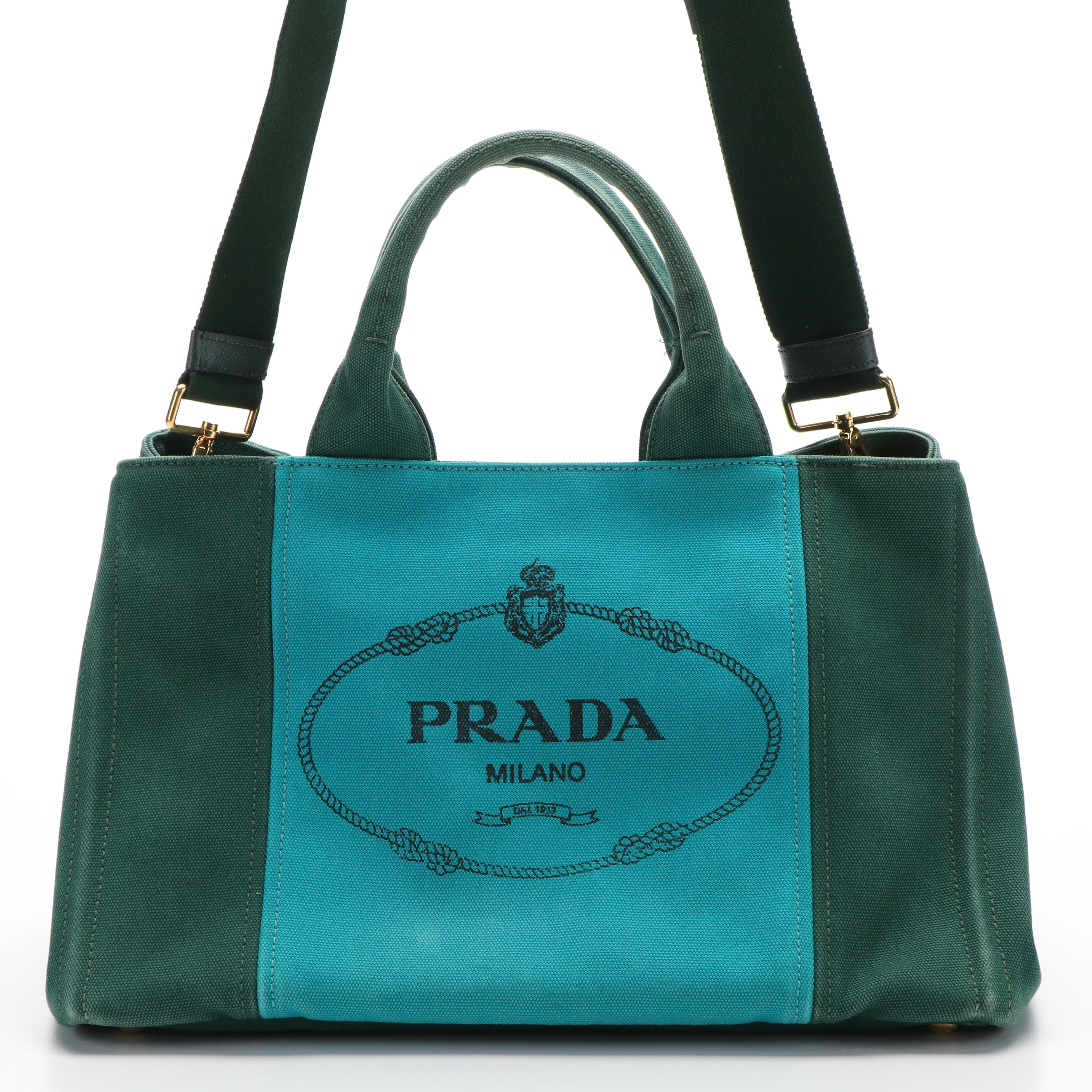 Prada Canapa Logo Emerald Green and Blue Canvas Tote Bag