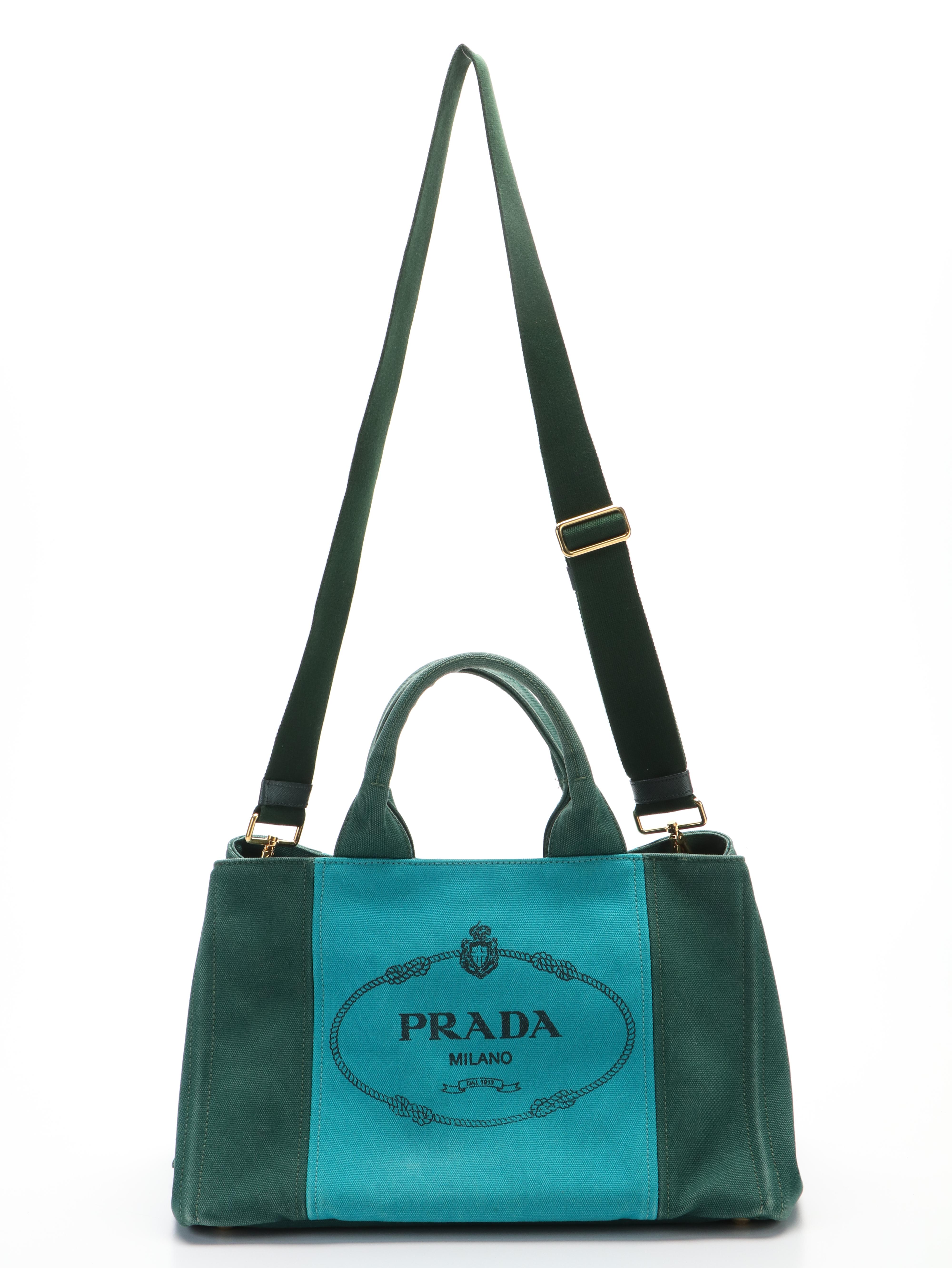 Prada Canapa Logo Emerald Green and Blue Canvas Tote Bag
