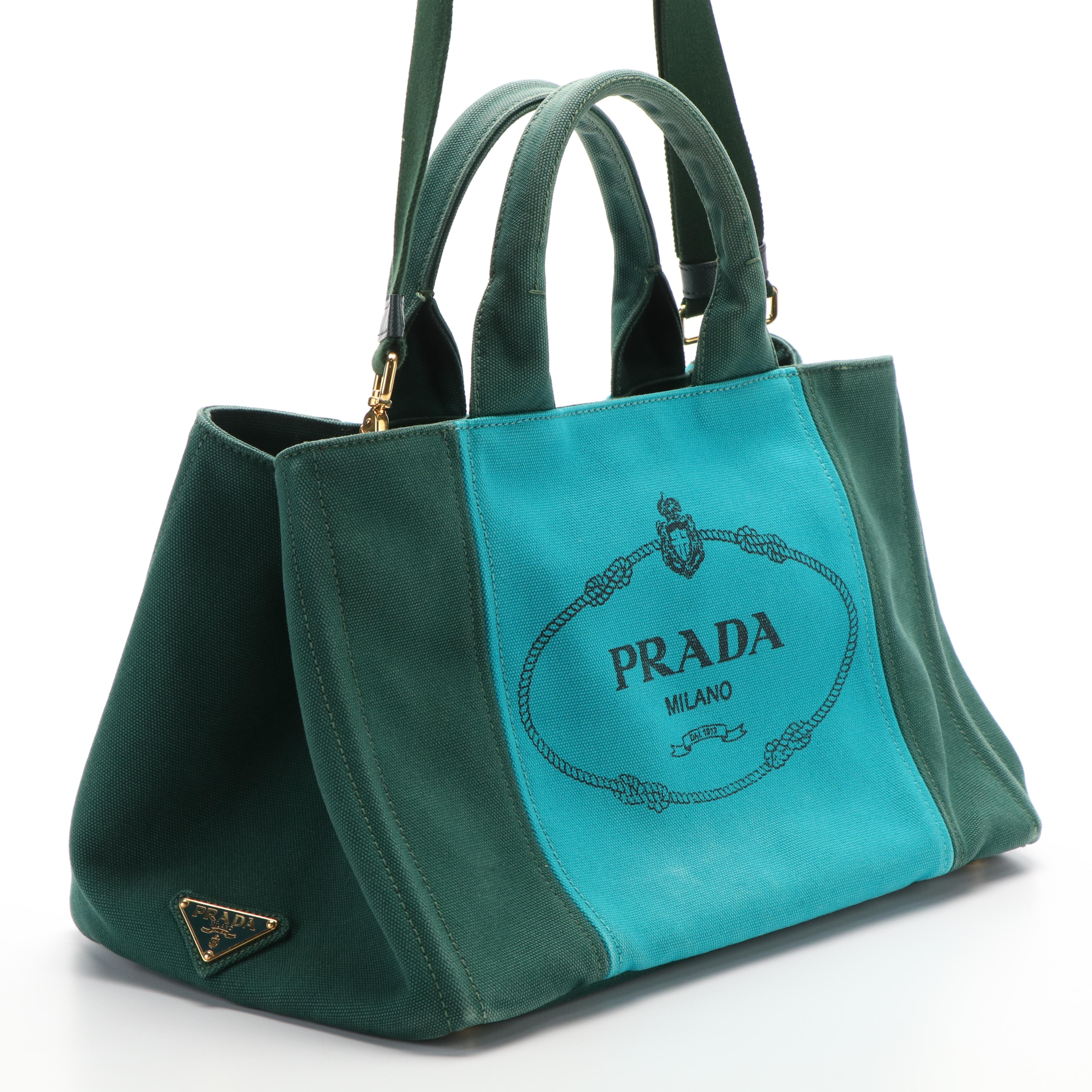 Prada Canapa Logo Emerald Green and Blue Canvas Tote Bag