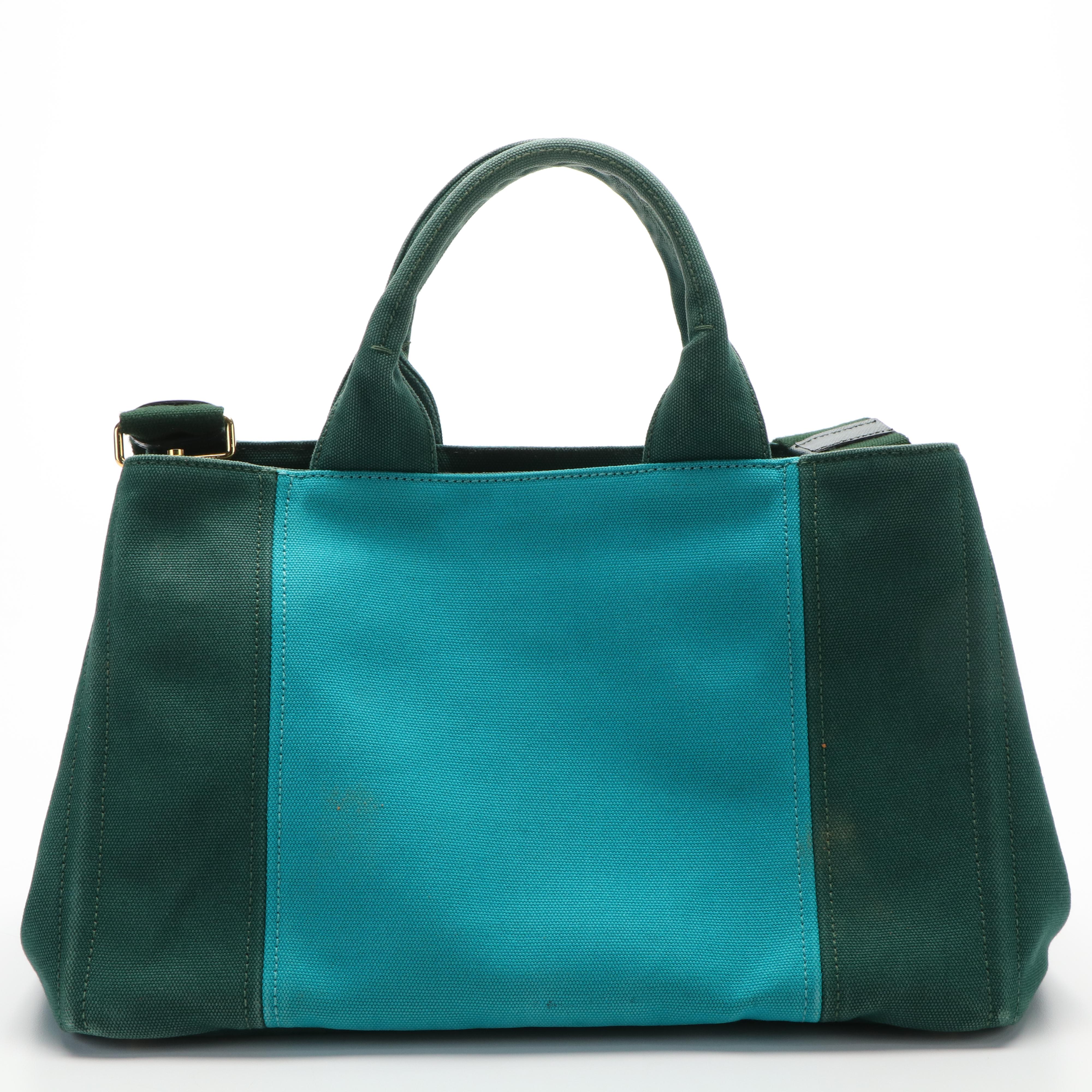 Prada Canapa Logo Emerald Green and Blue Canvas Tote Bag