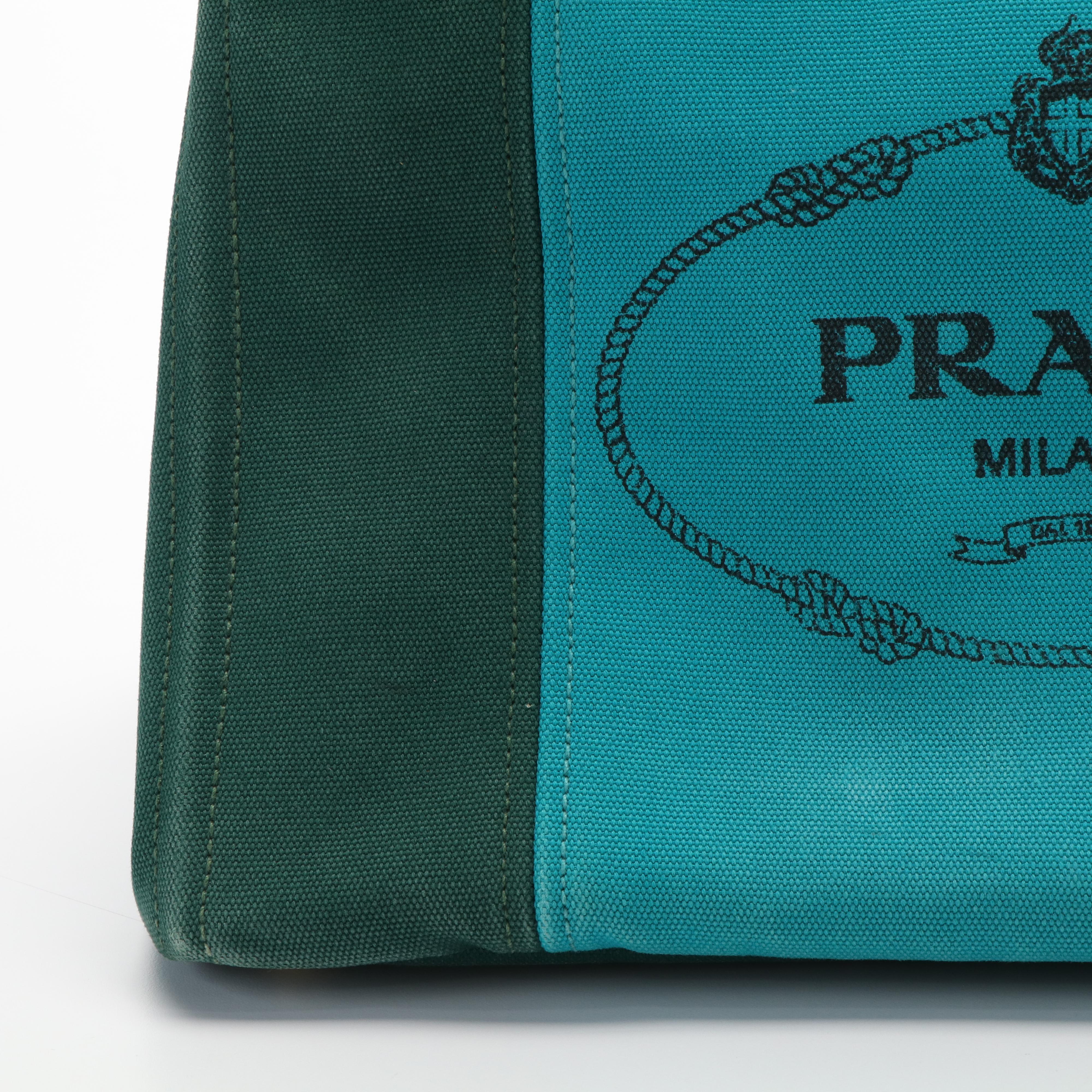 Prada Canapa Logo Emerald Green and Blue Canvas Tote Bag