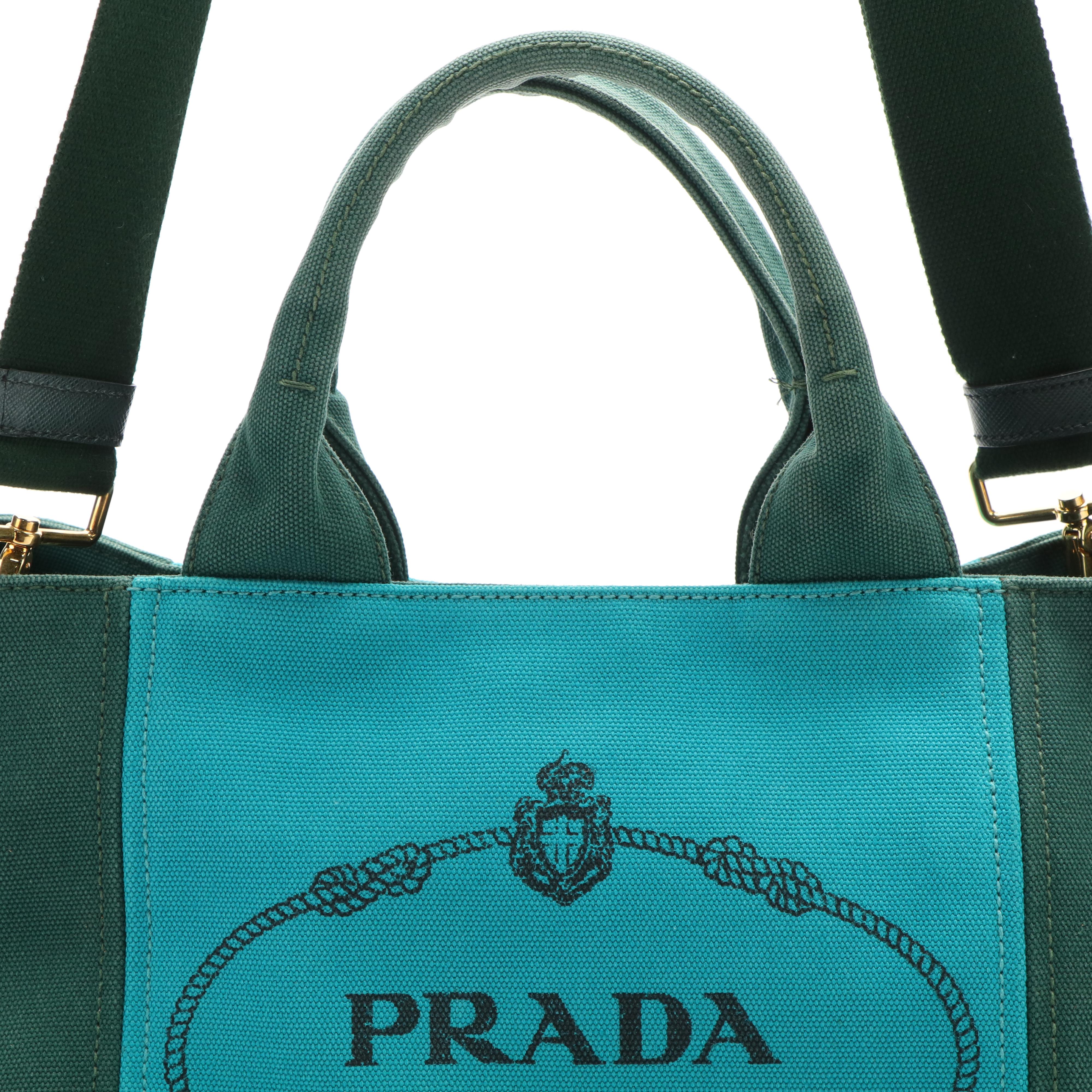 Prada Canapa Logo Emerald Green and Blue Canvas Tote Bag