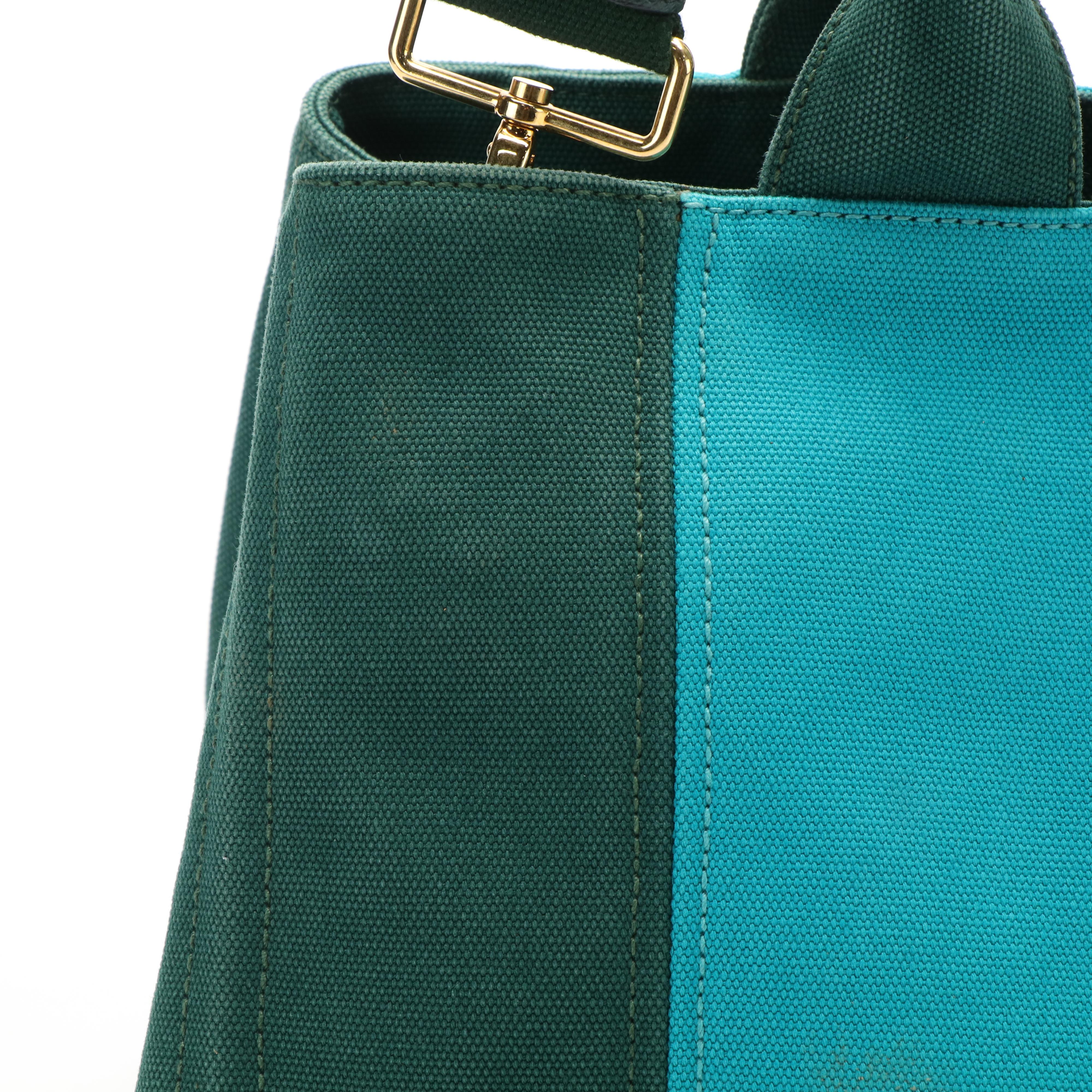 Prada Canapa Logo Emerald Green and Blue Canvas Tote Bag