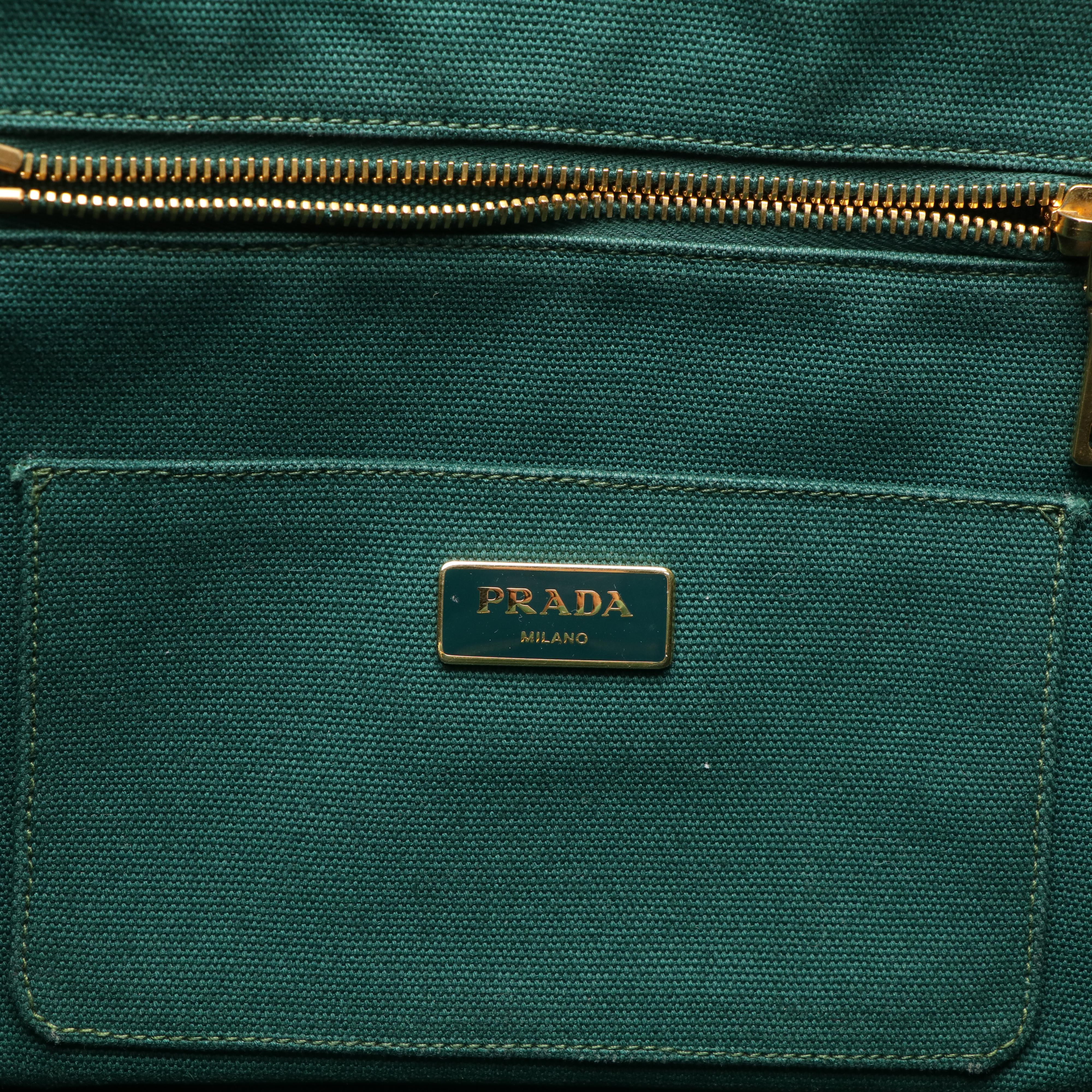 Prada Canapa Logo Emerald Green and Blue Canvas Tote Bag