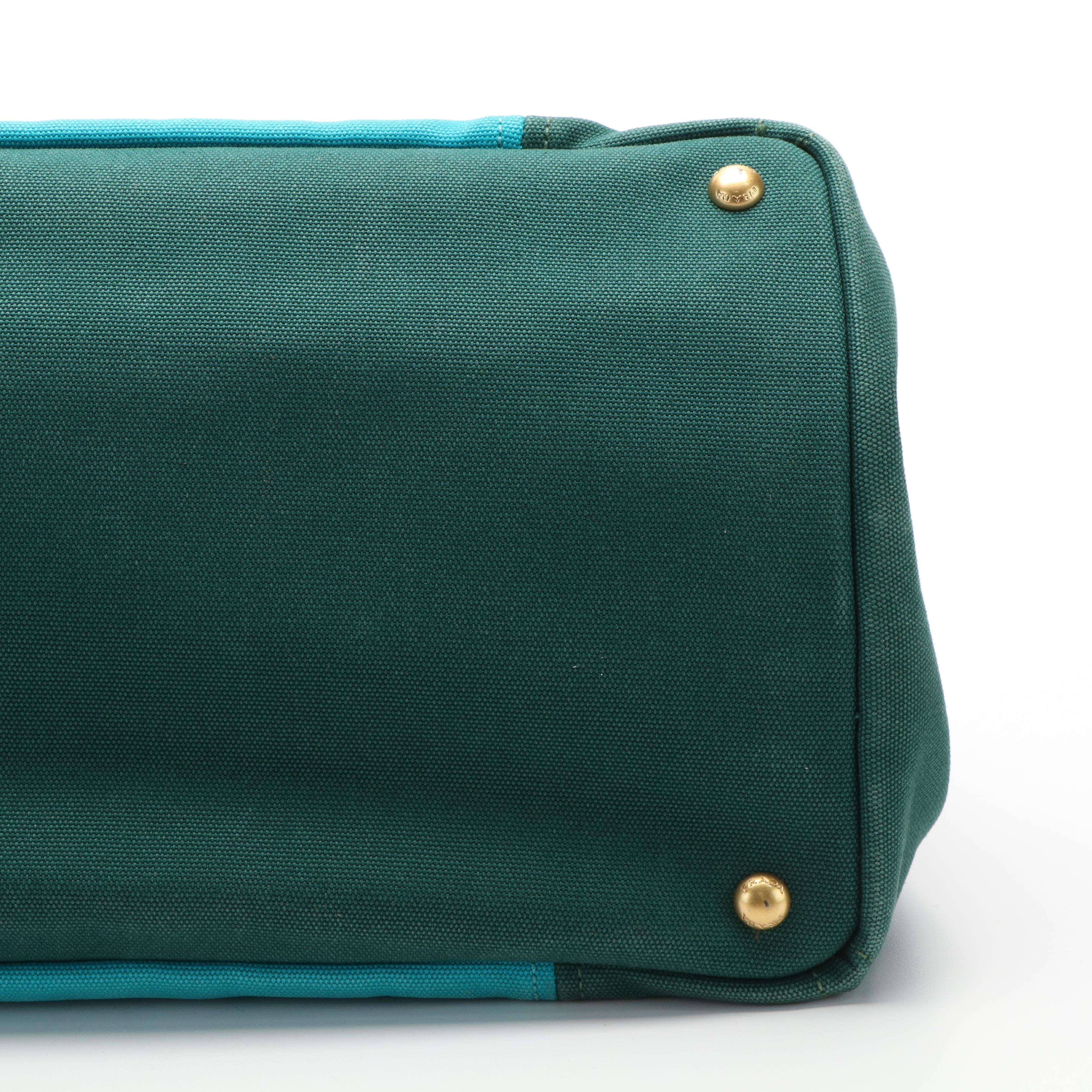Prada Canapa Logo Emerald Green and Blue Canvas Tote Bag