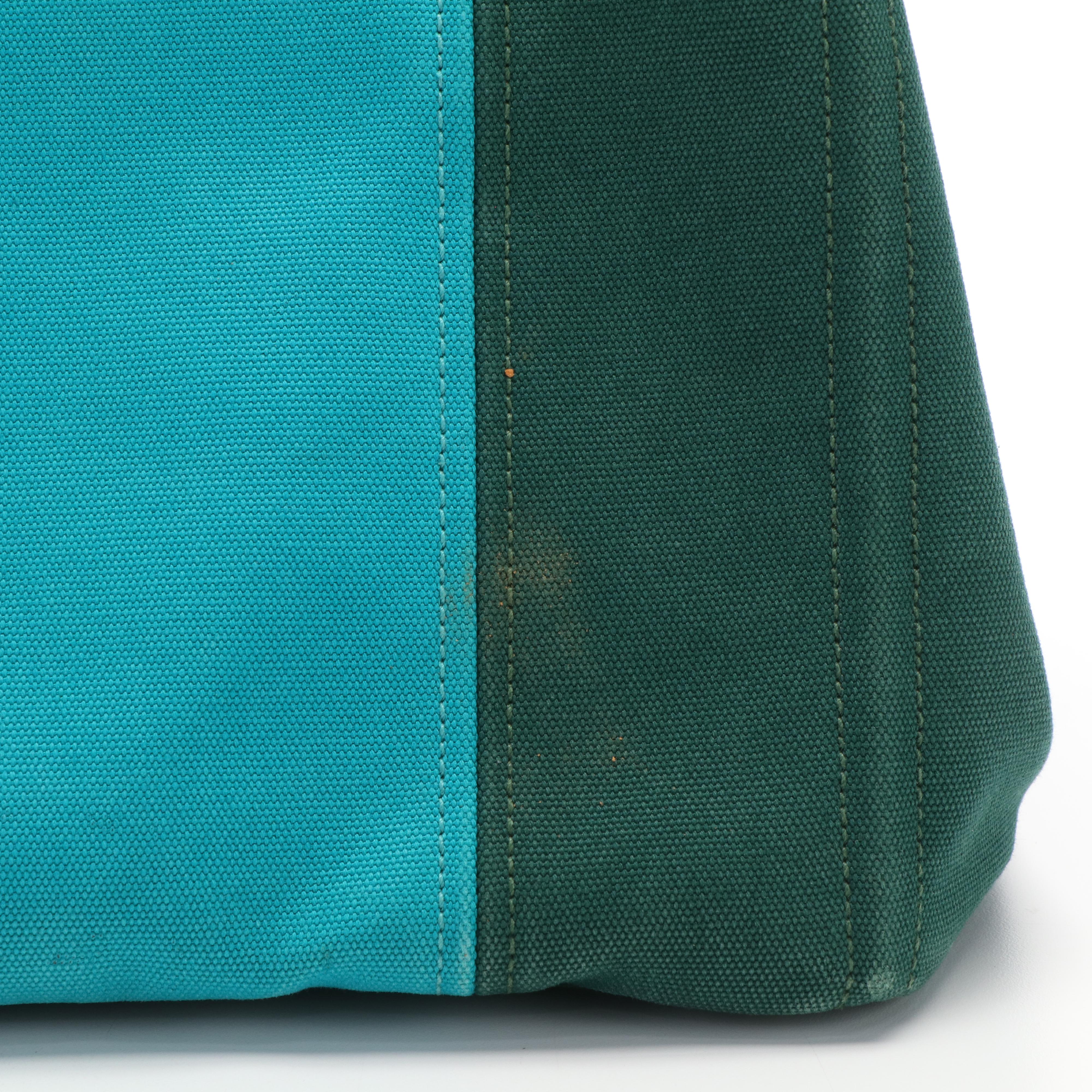 Prada Canapa Logo Emerald Green and Blue Canvas Tote Bag