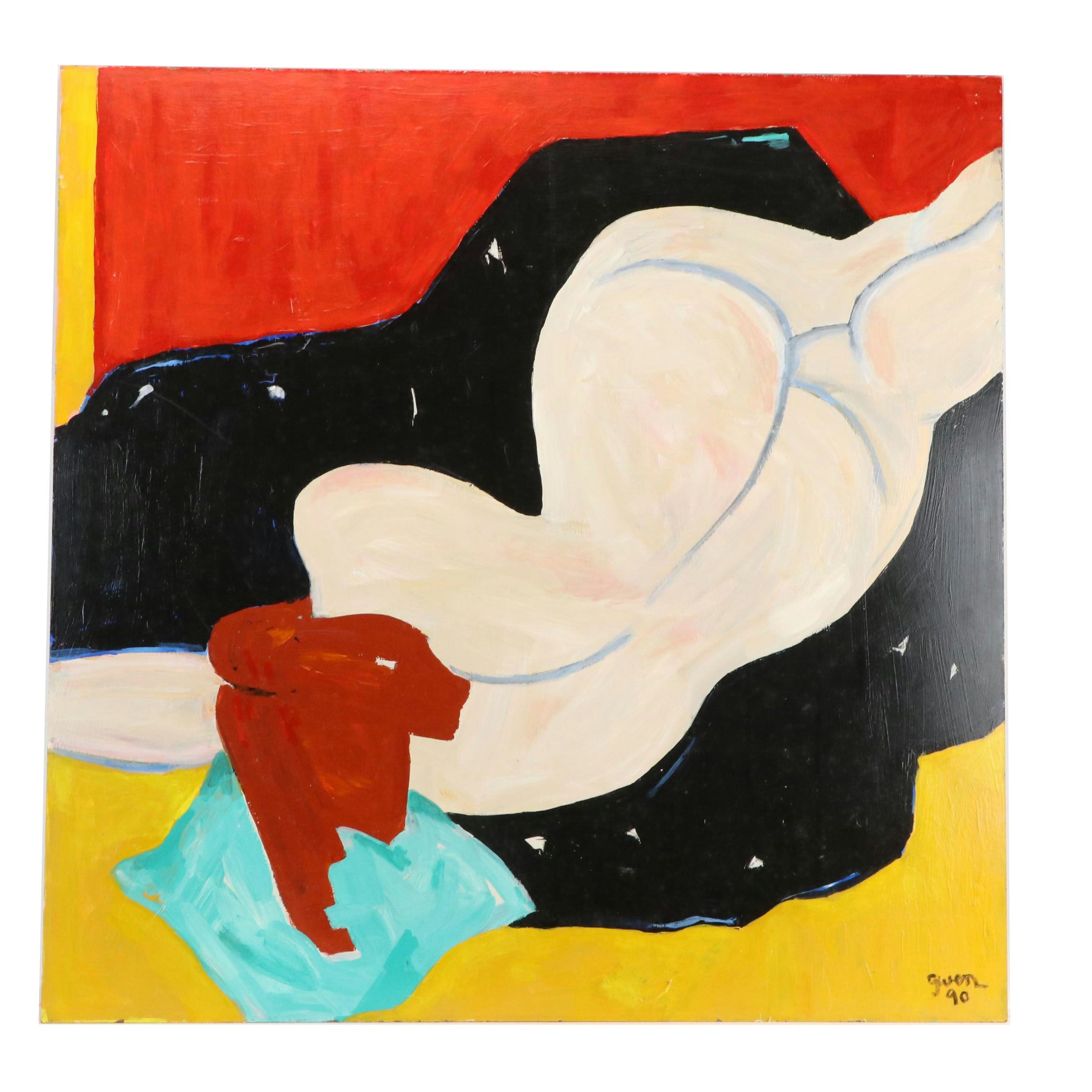 Gwen Doppler Colorful Acrylic Modernist Painting "Blue Nude," 1990