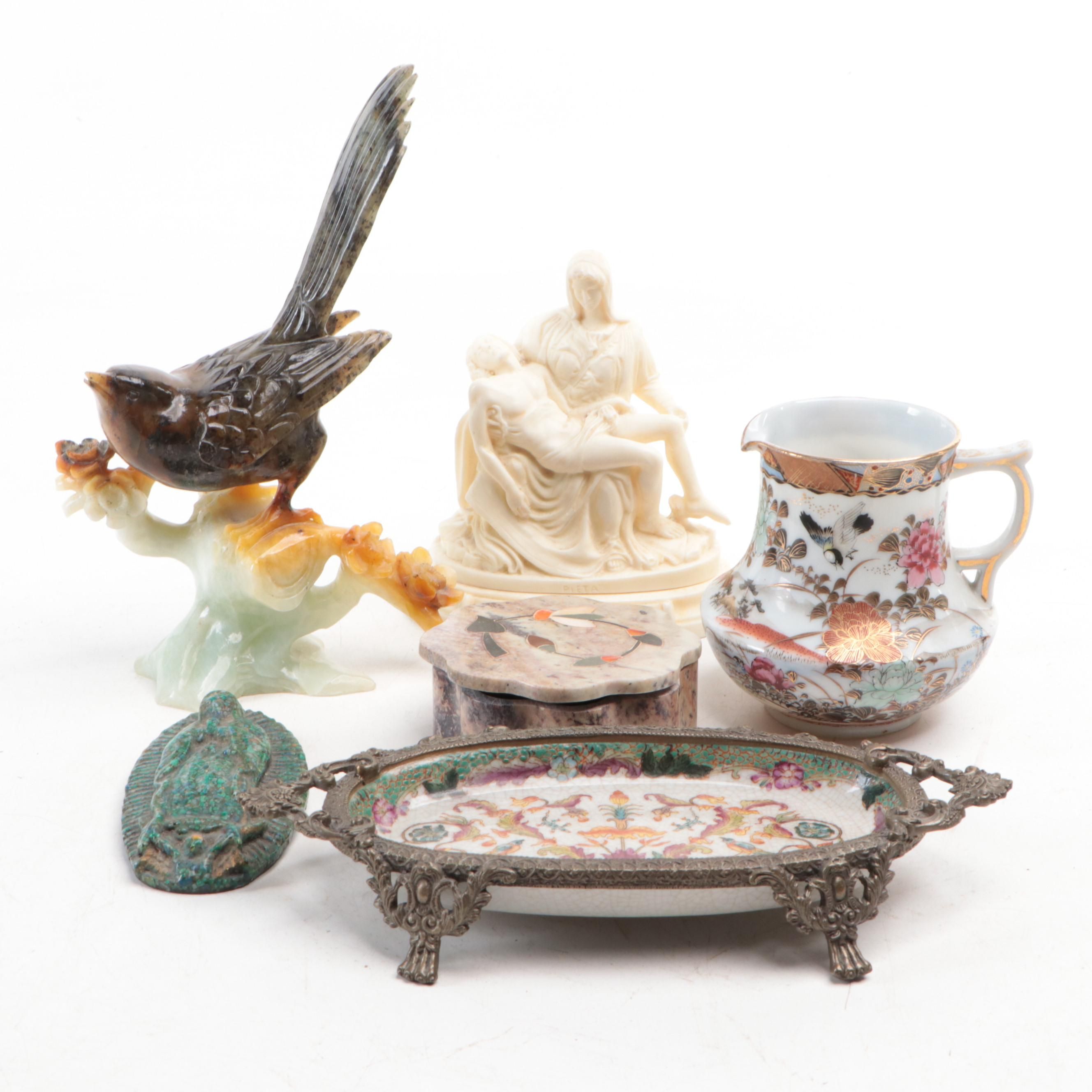 Indian Soapstone Box with Stone & Mother-Of-Pearl Inlay, More Table Accessories