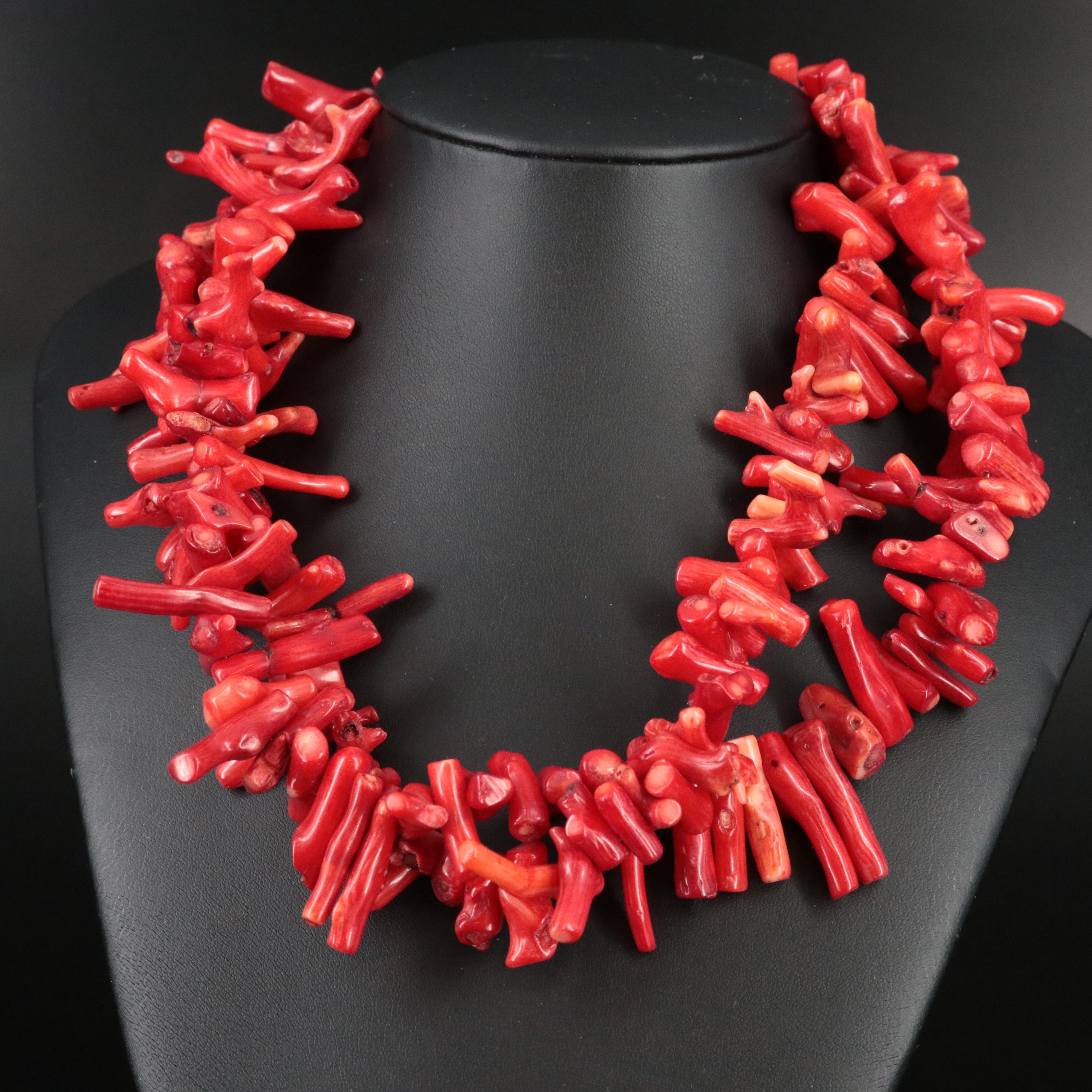 Coral Double Strand Necklace with Sterling Clasp
