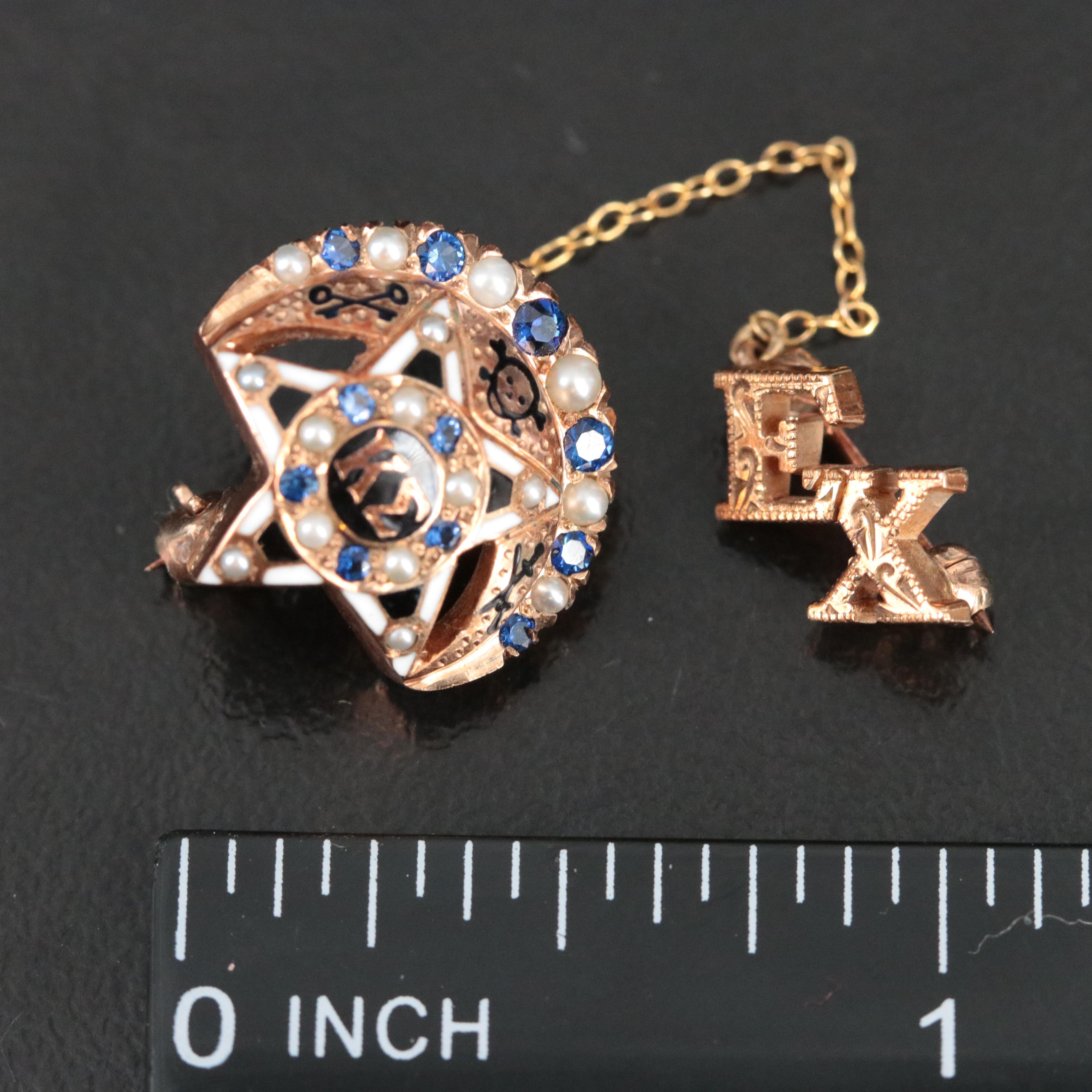 10K Sapphire, Pearl and Enamel Kappa Sigma Crescent Moon and Star Fraternity Pin
