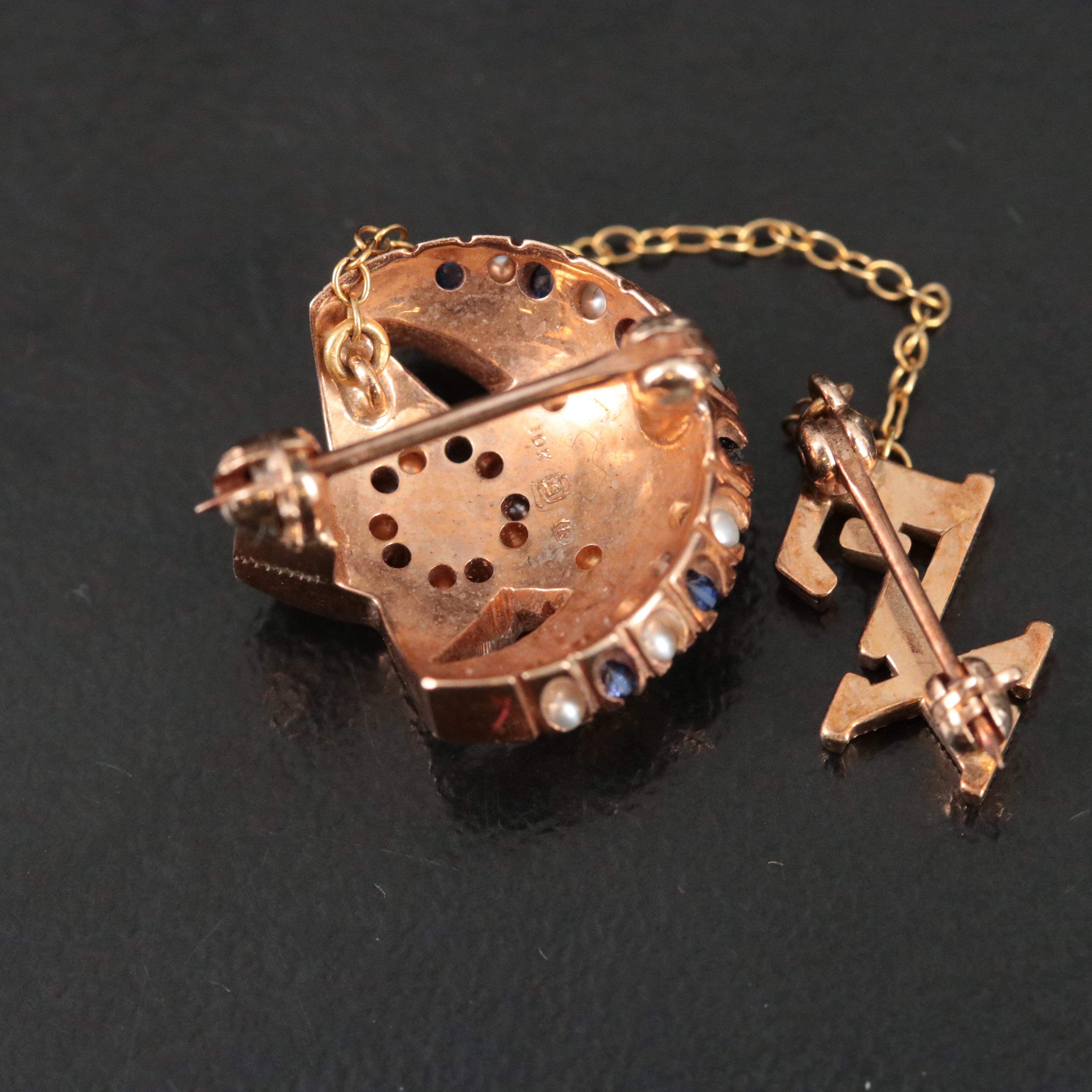 10K Sapphire, Pearl and Enamel Kappa Sigma Crescent Moon and Star Fraternity Pin
