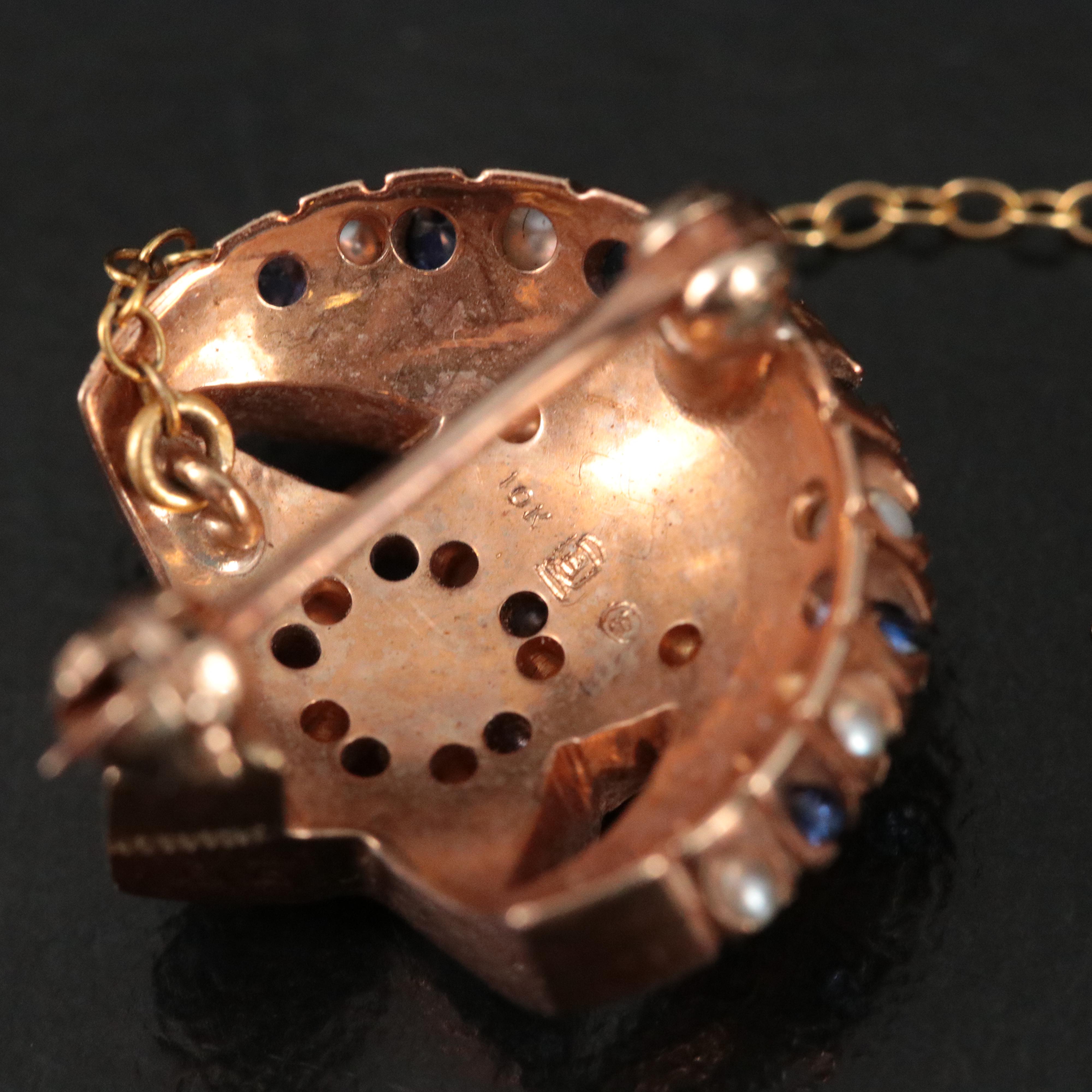 10K Sapphire, Pearl and Enamel Kappa Sigma Crescent Moon and Star Fraternity Pin