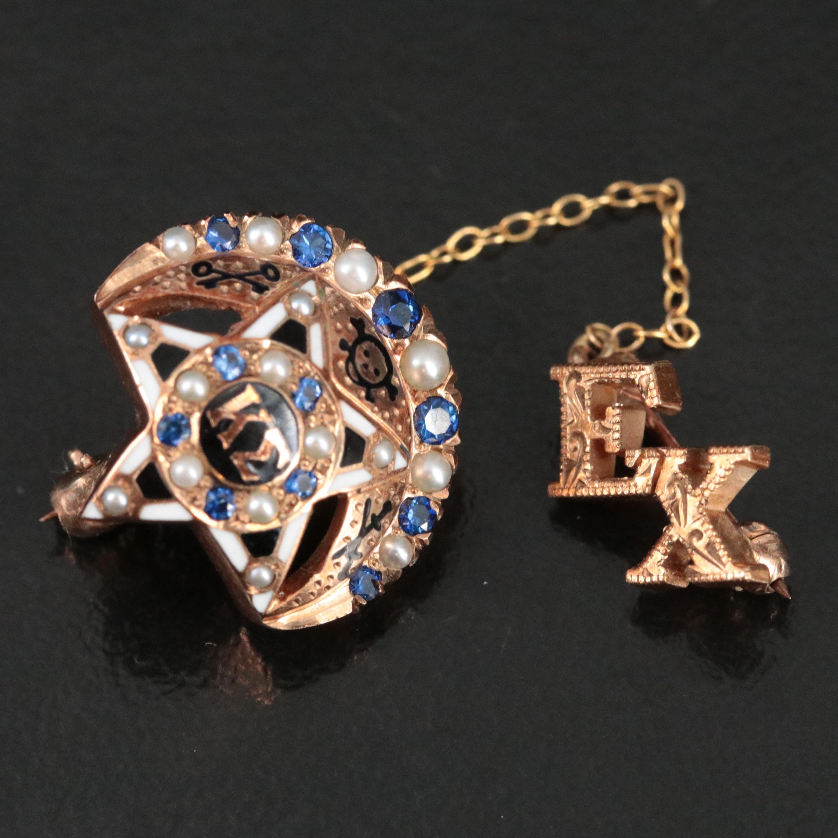10K Sapphire, Pearl and Enamel Kappa Sigma Crescent Moon and Star Fraternity Pin