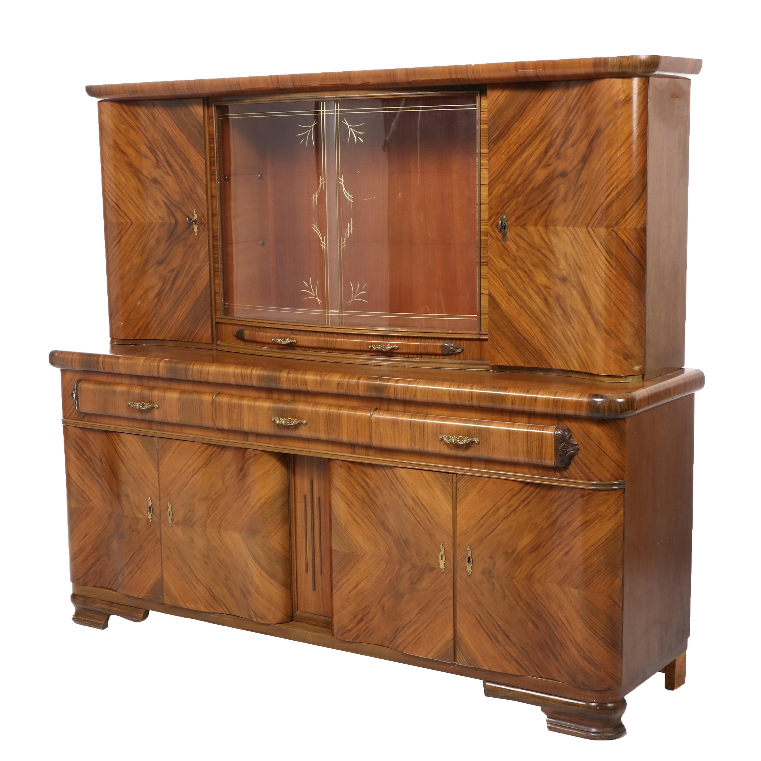 Art Deco Burl Walnut Waterfall Stepback Bar with Drinks Early