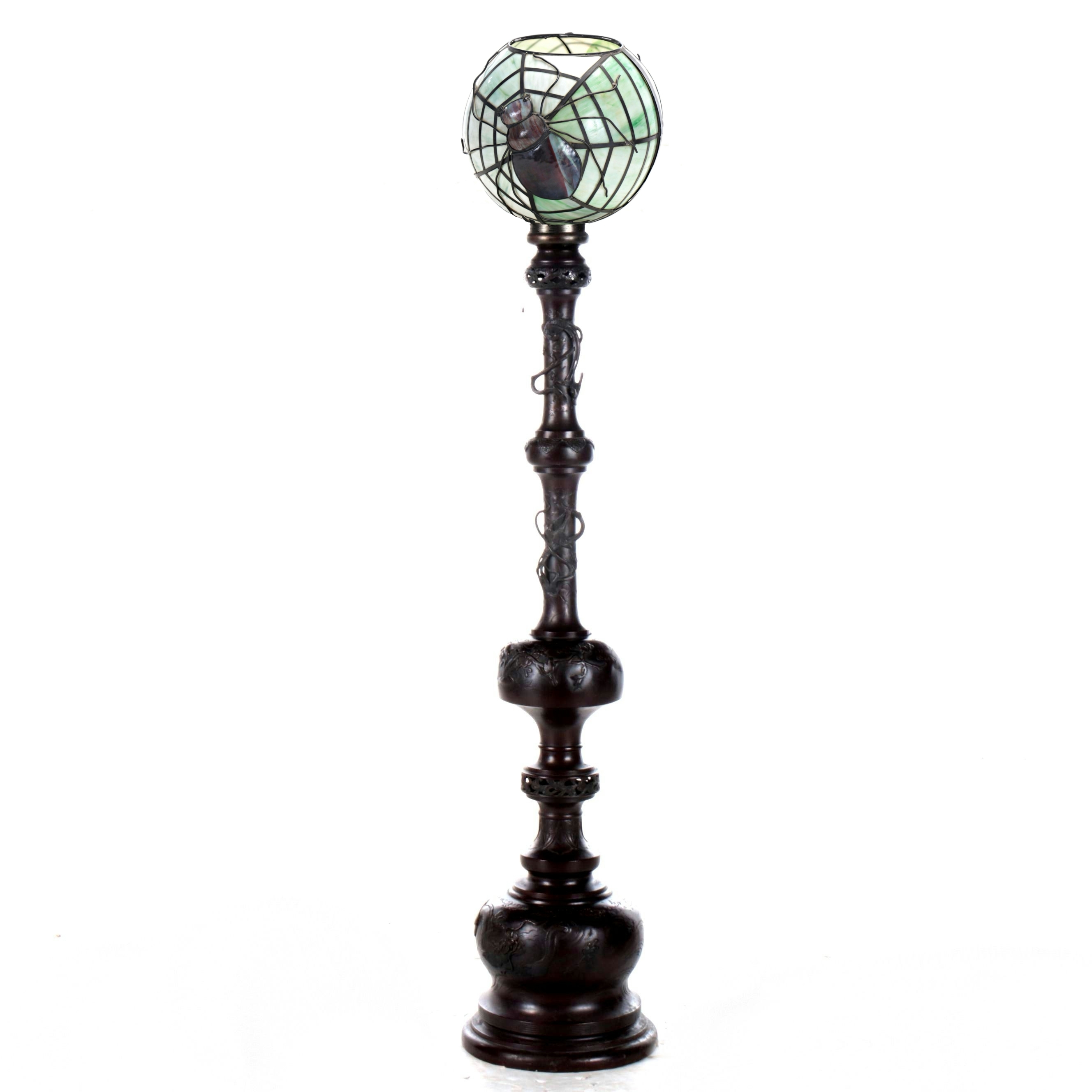 Japanese Bronze Floor Lamp with Slag Glass Eyeball Shade and Giant Spider Accent