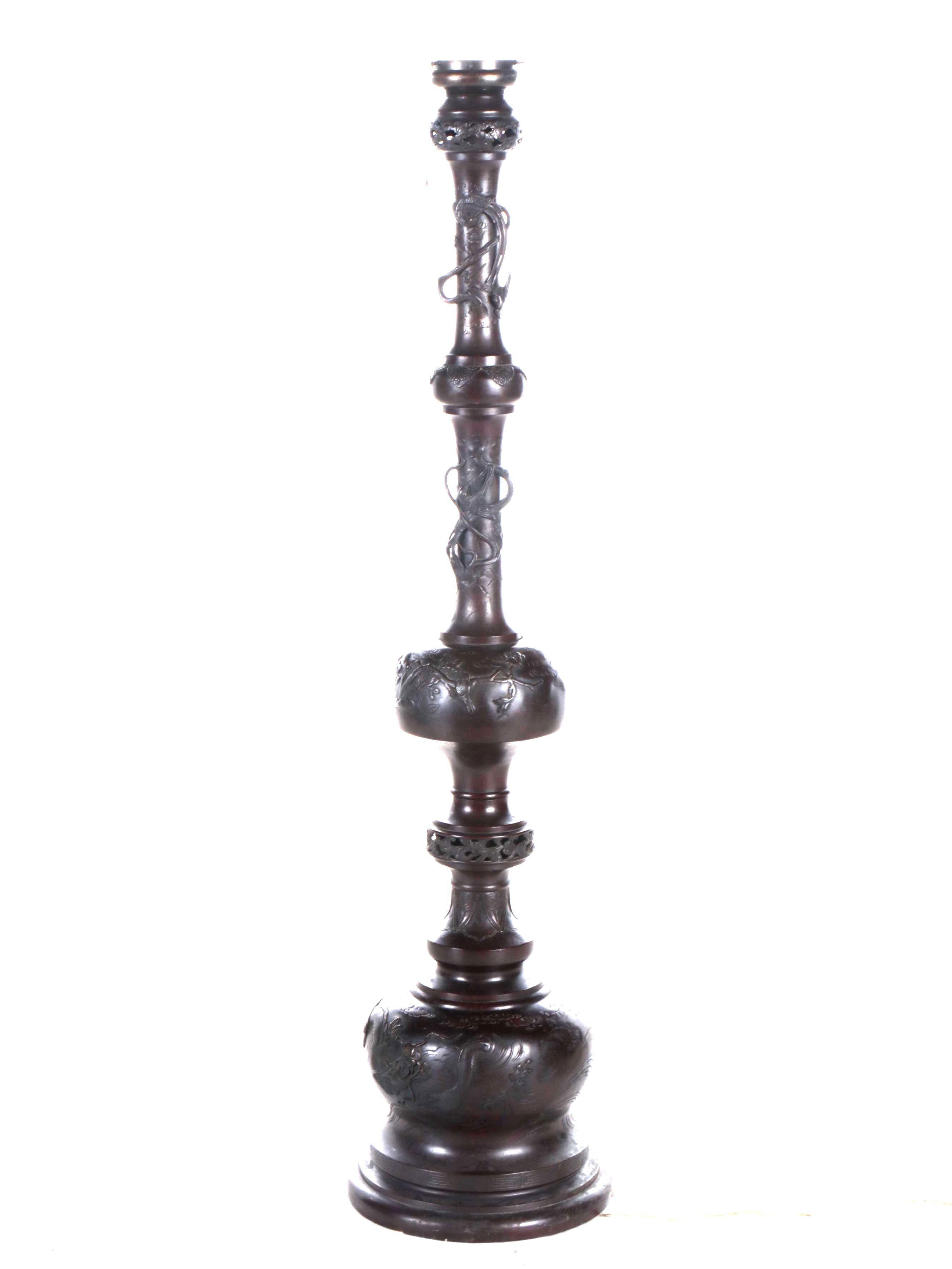 Japanese Bronze Floor Lamp with Slag Glass Eyeball Shade and Giant Spider Accent