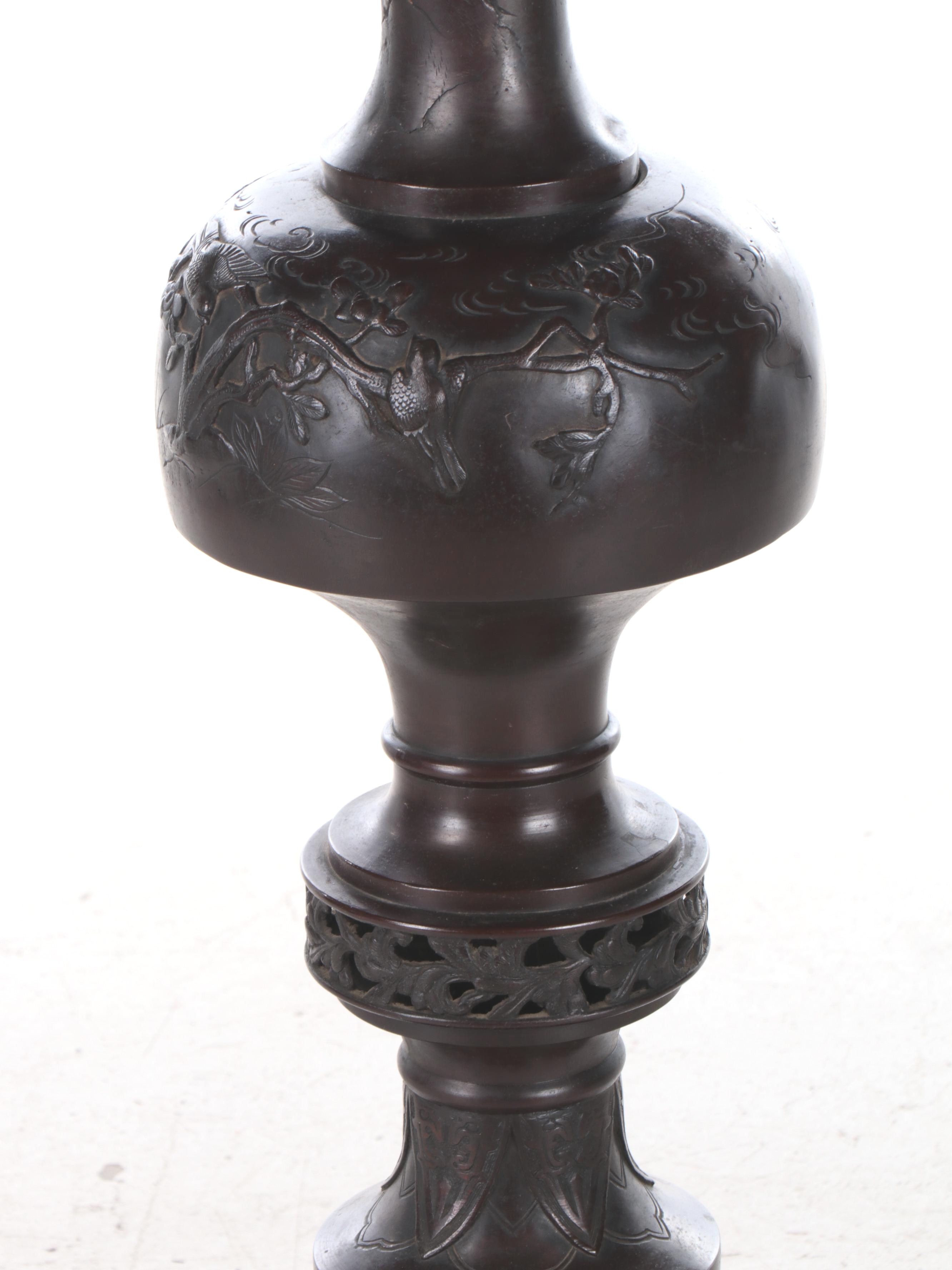 Japanese Bronze Floor Lamp with Slag Glass Eyeball Shade and Giant Spider Accent