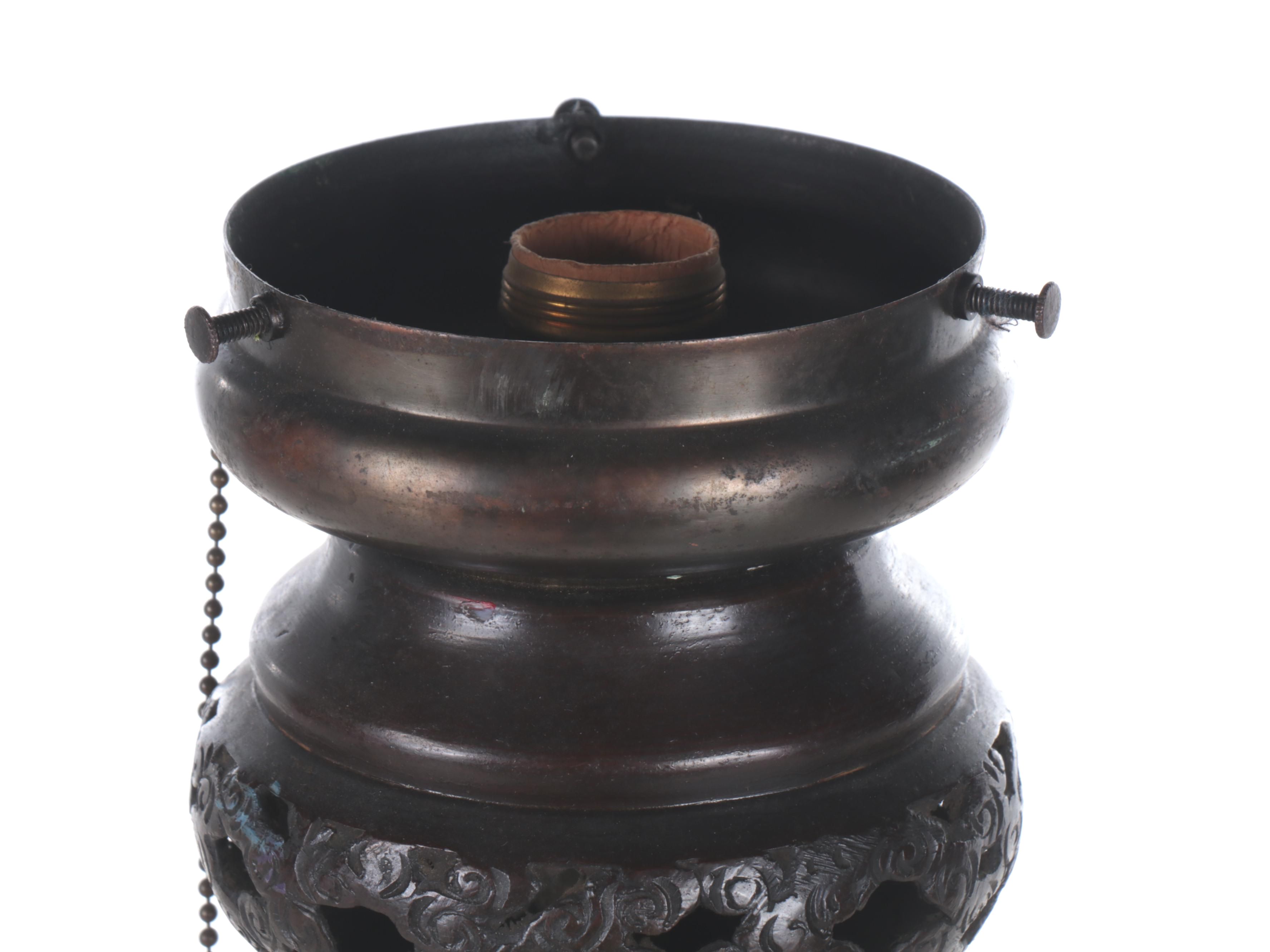 Japanese Bronze Floor Lamp with Slag Glass Eyeball Shade and Giant Spider Accent