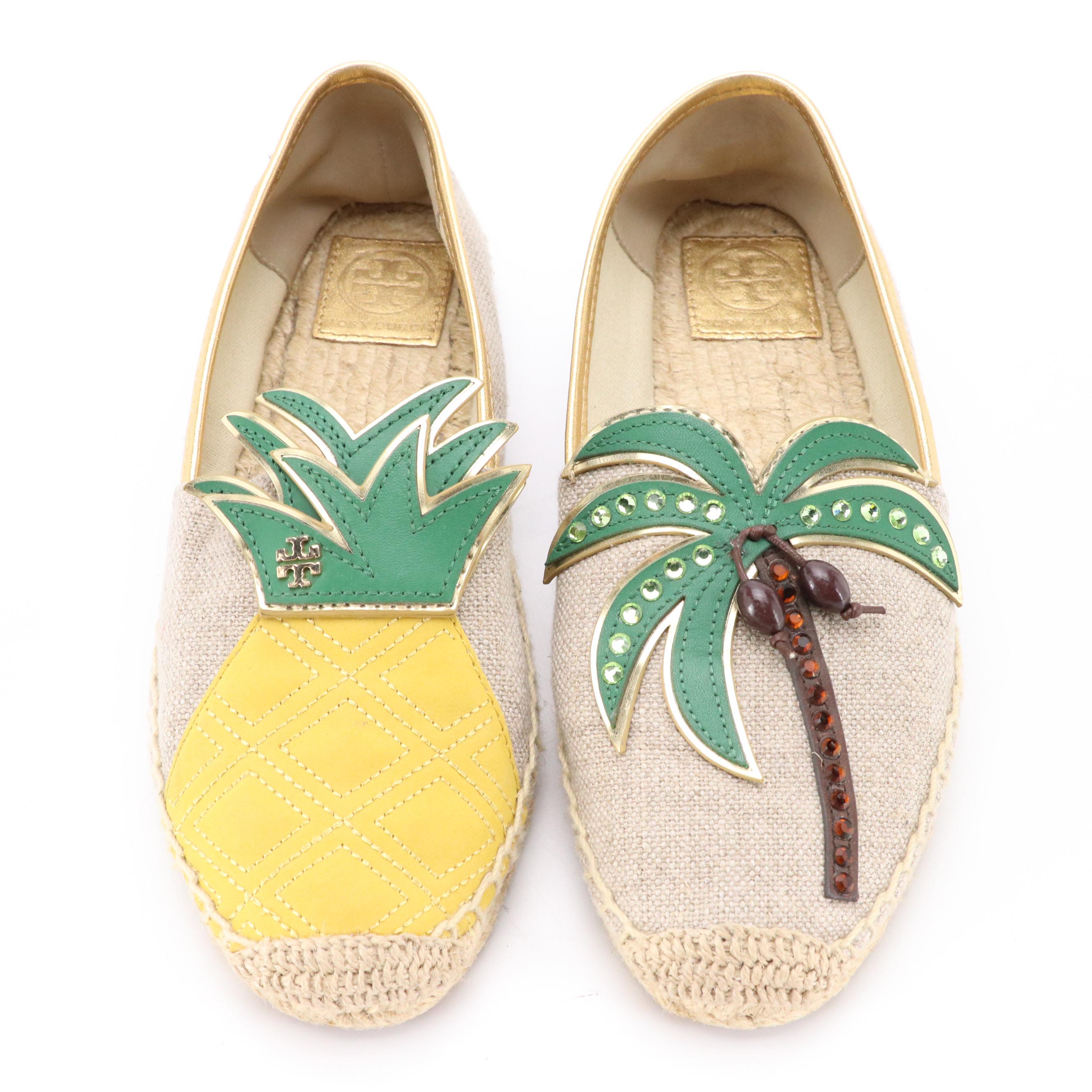 Tory Burch Castaway Pineapple Palm Tree Espadrille Flats in Linen