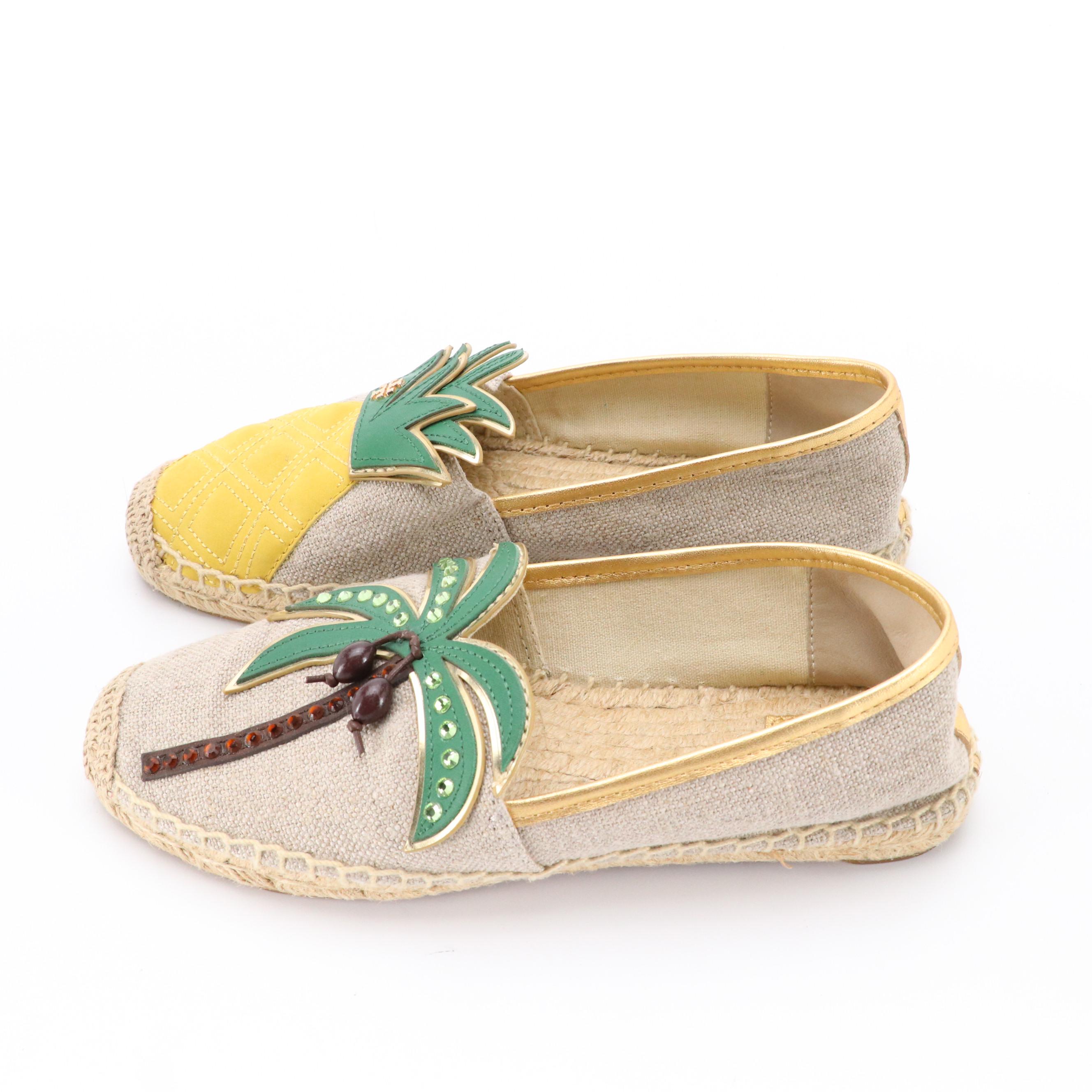 Tory Burch Castaway Pineapple Palm Tree Espadrille Flats in Linen
