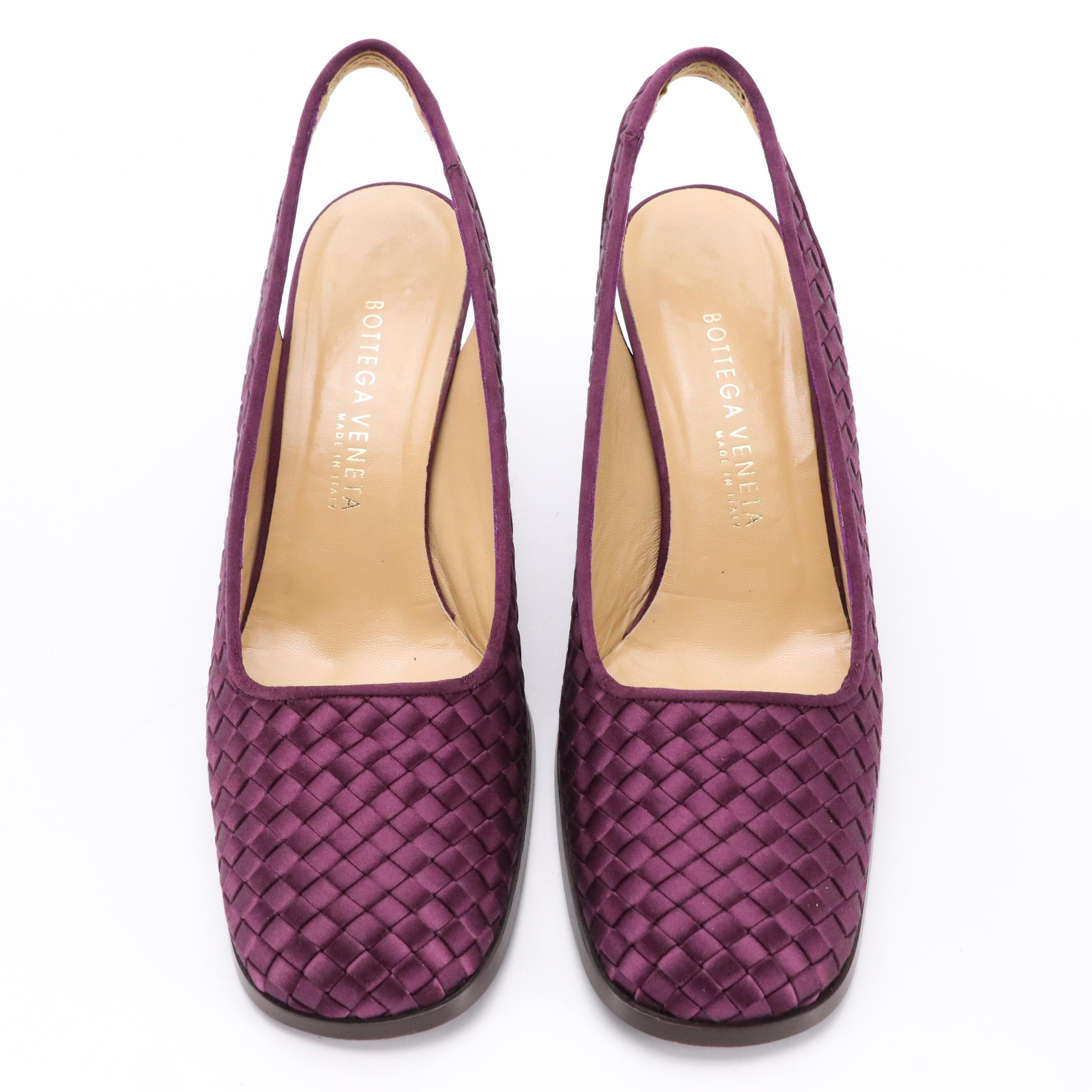 Bottega Veneta Eggplant Purple Intrecciato Silk Satin Slingback Heels in Box