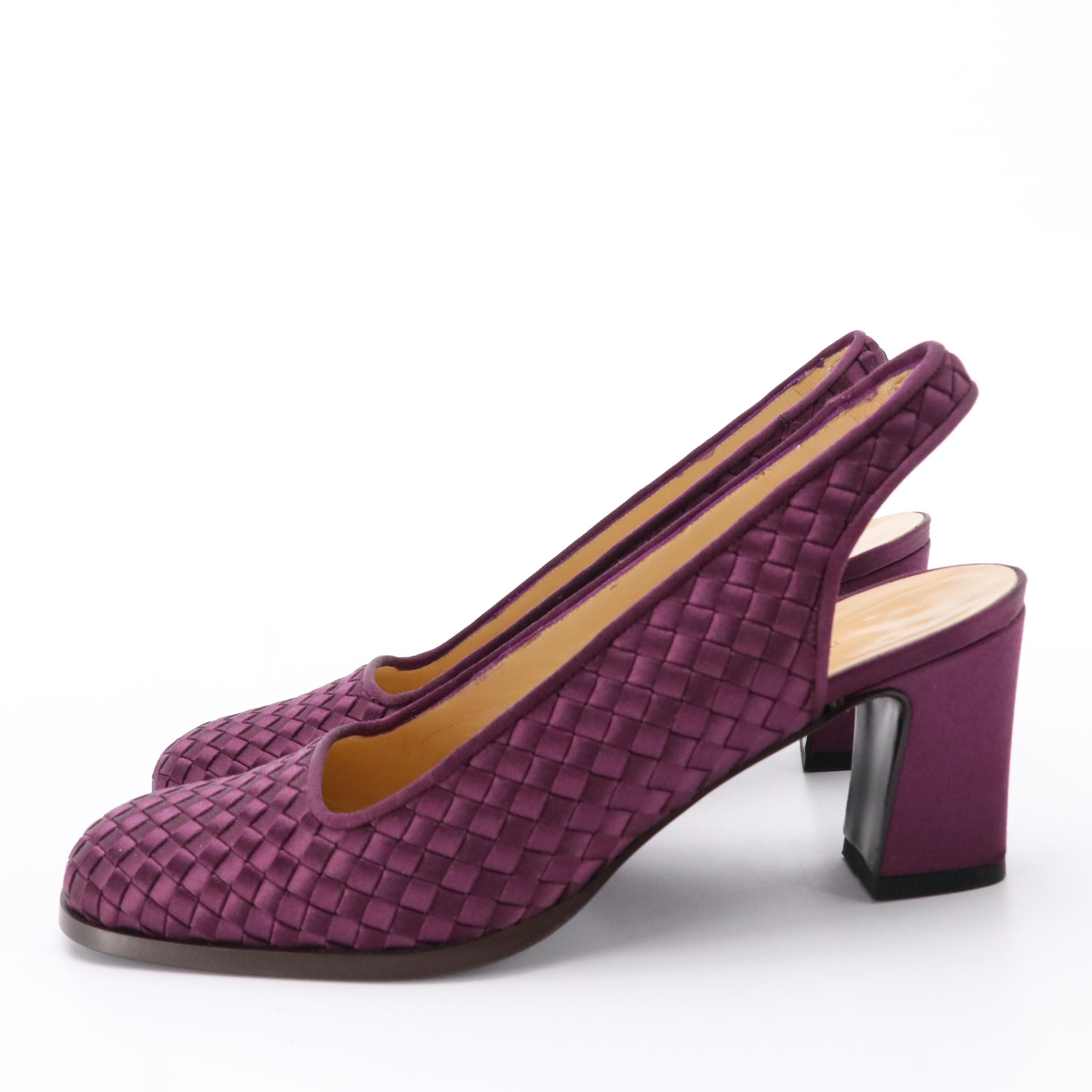 Bottega Veneta Eggplant Purple Intrecciato Silk Satin Slingback Heels in Box