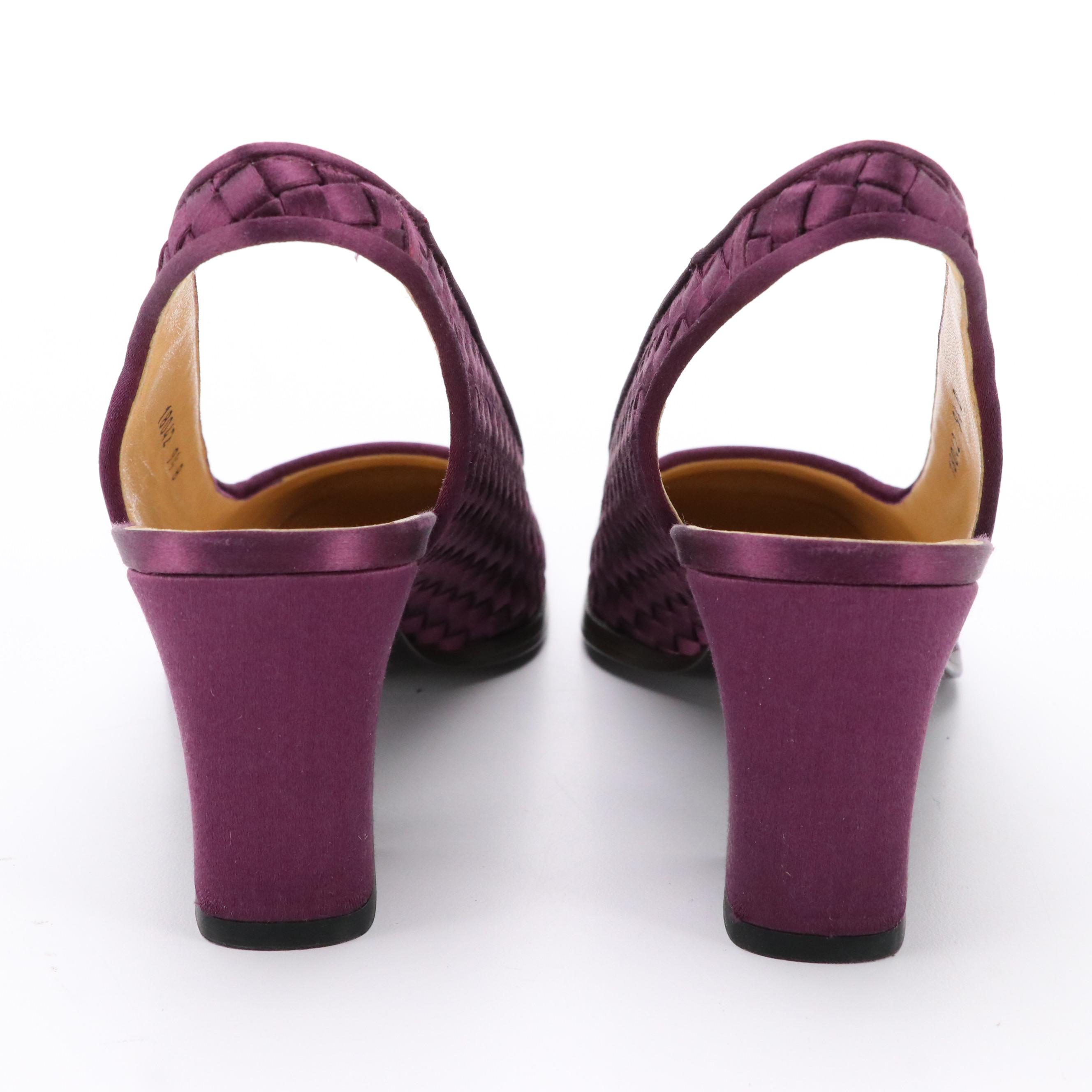Bottega Veneta Eggplant Purple Intrecciato Silk Satin Slingback Heels in Box