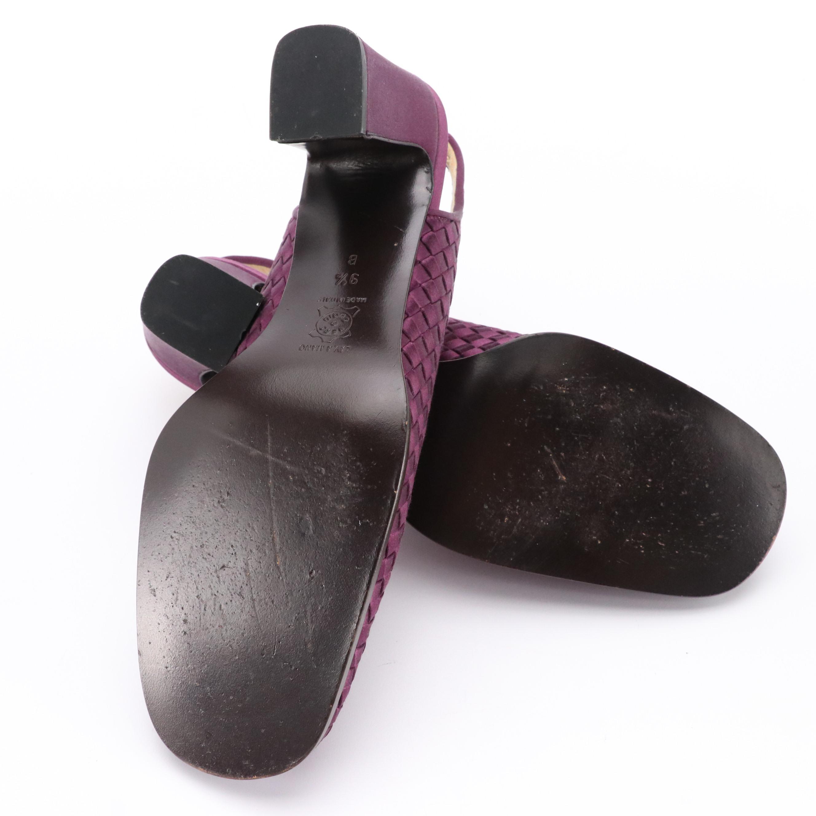 Bottega Veneta Eggplant Purple Intrecciato Silk Satin Slingback Heels in Box