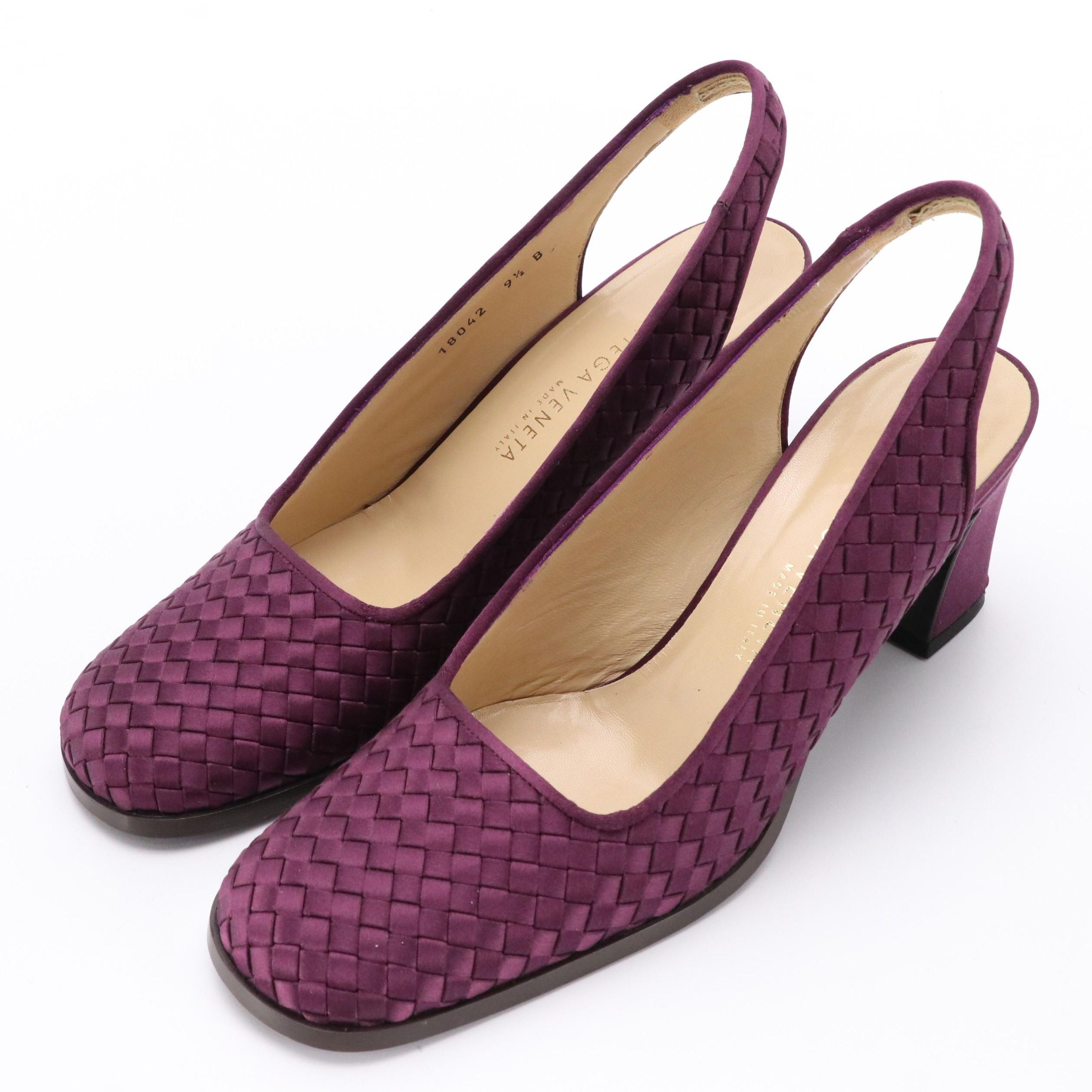 Bottega Veneta Eggplant Purple Intrecciato Silk Satin Slingback Heels in Box