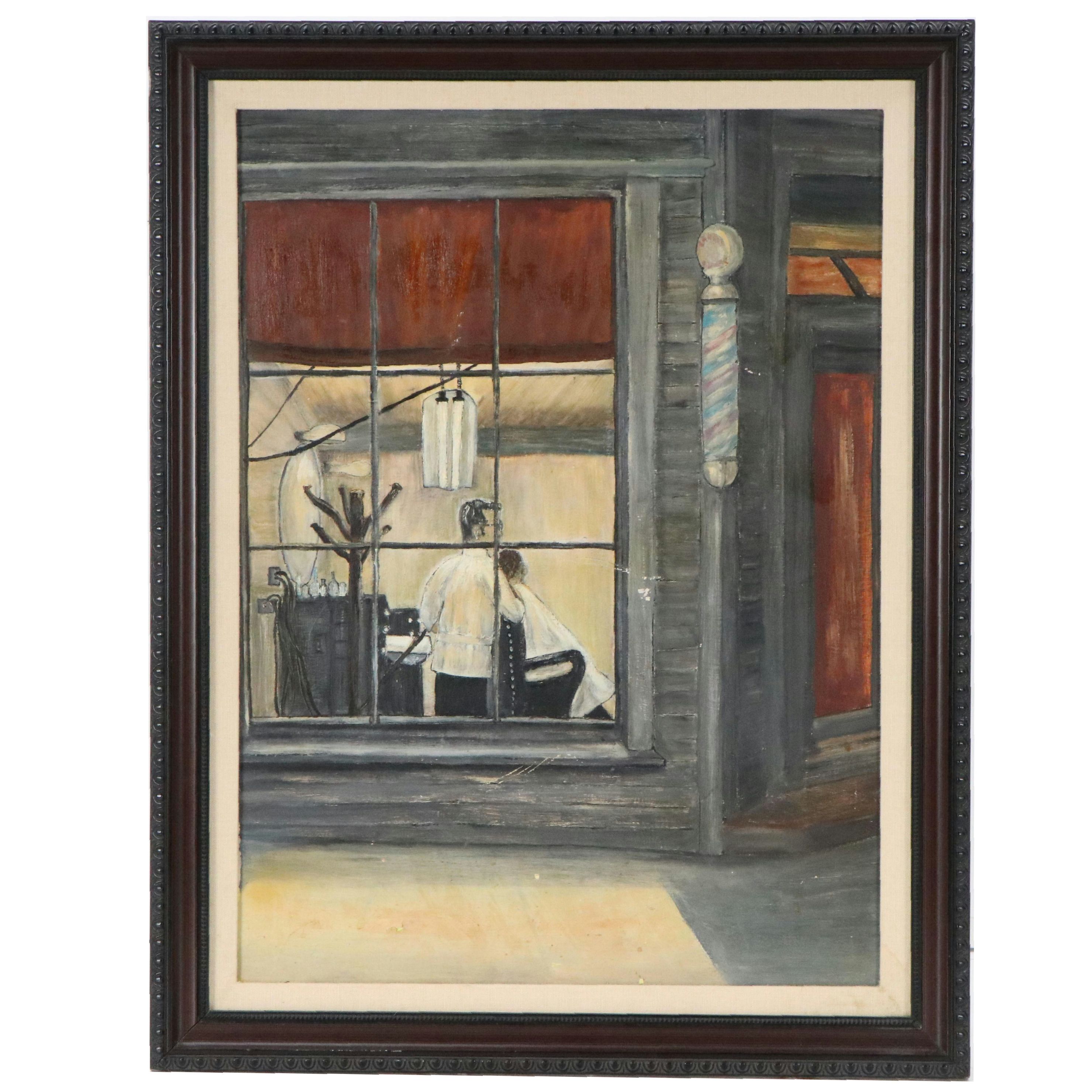 Cityscape Oil Painting of Street Window View of Barber Scene
