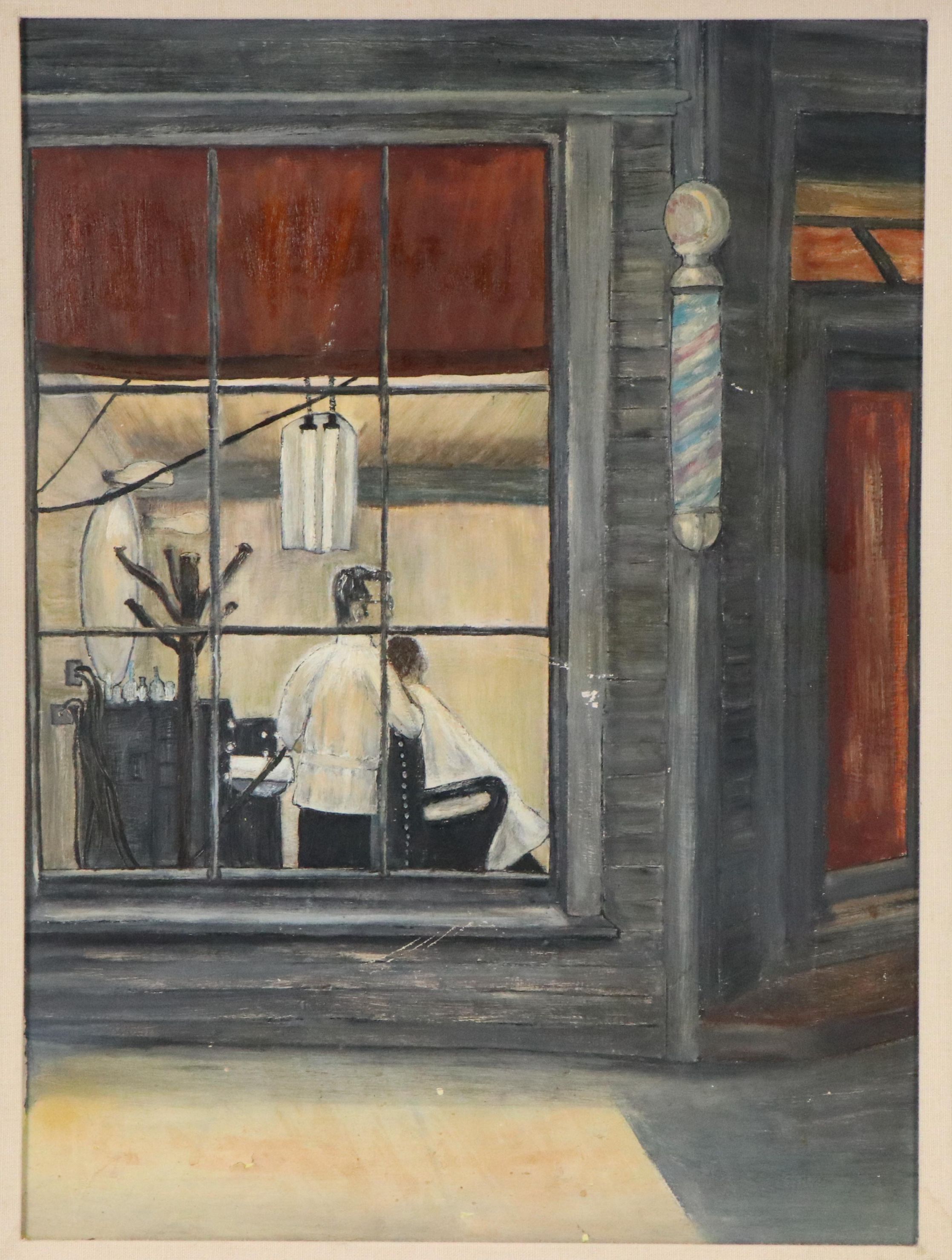Cityscape Oil Painting of Street Window View of Barber Scene
