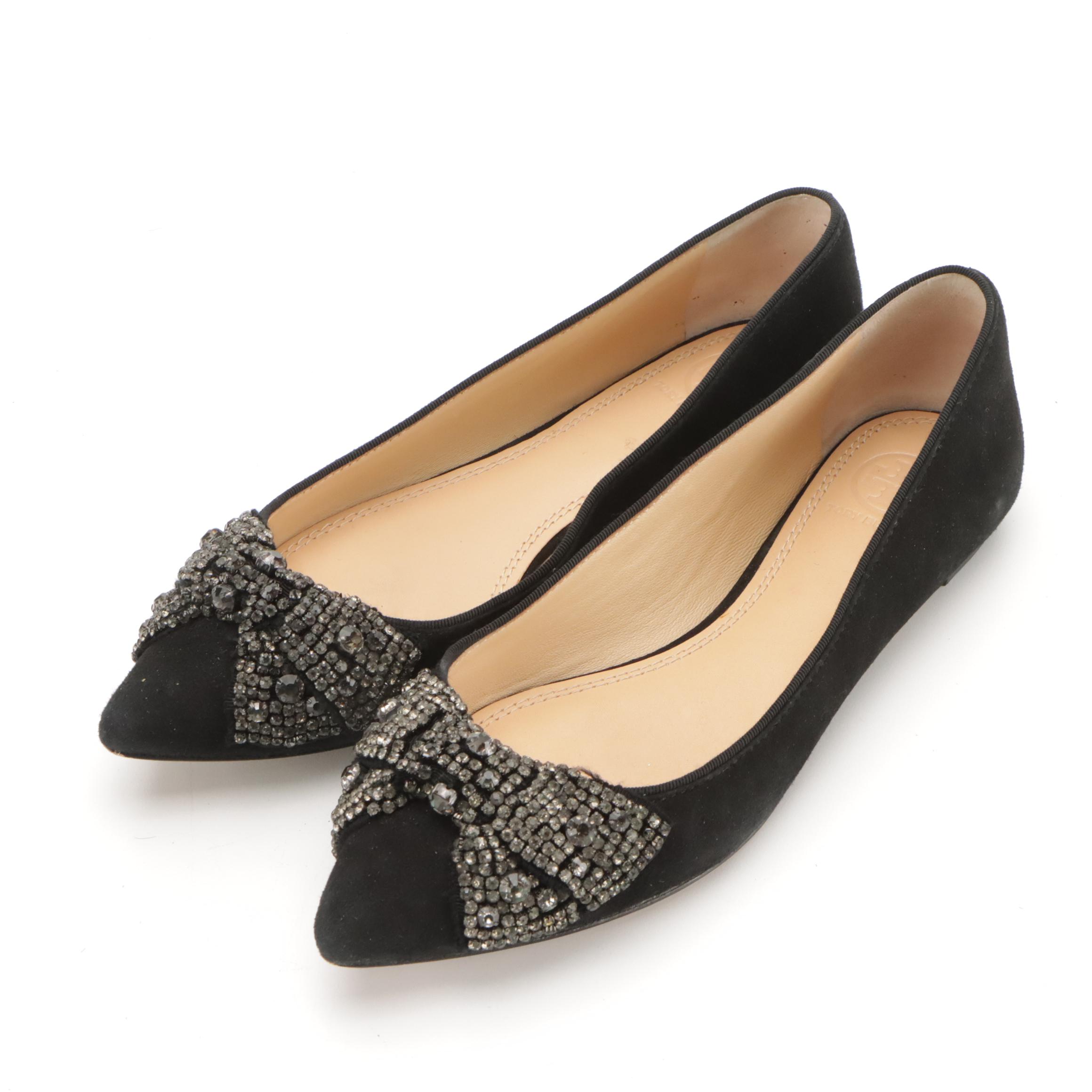 Tory Burch Vanessa's in Black Leather and Meadow Embellished Pointed-Toe Flats