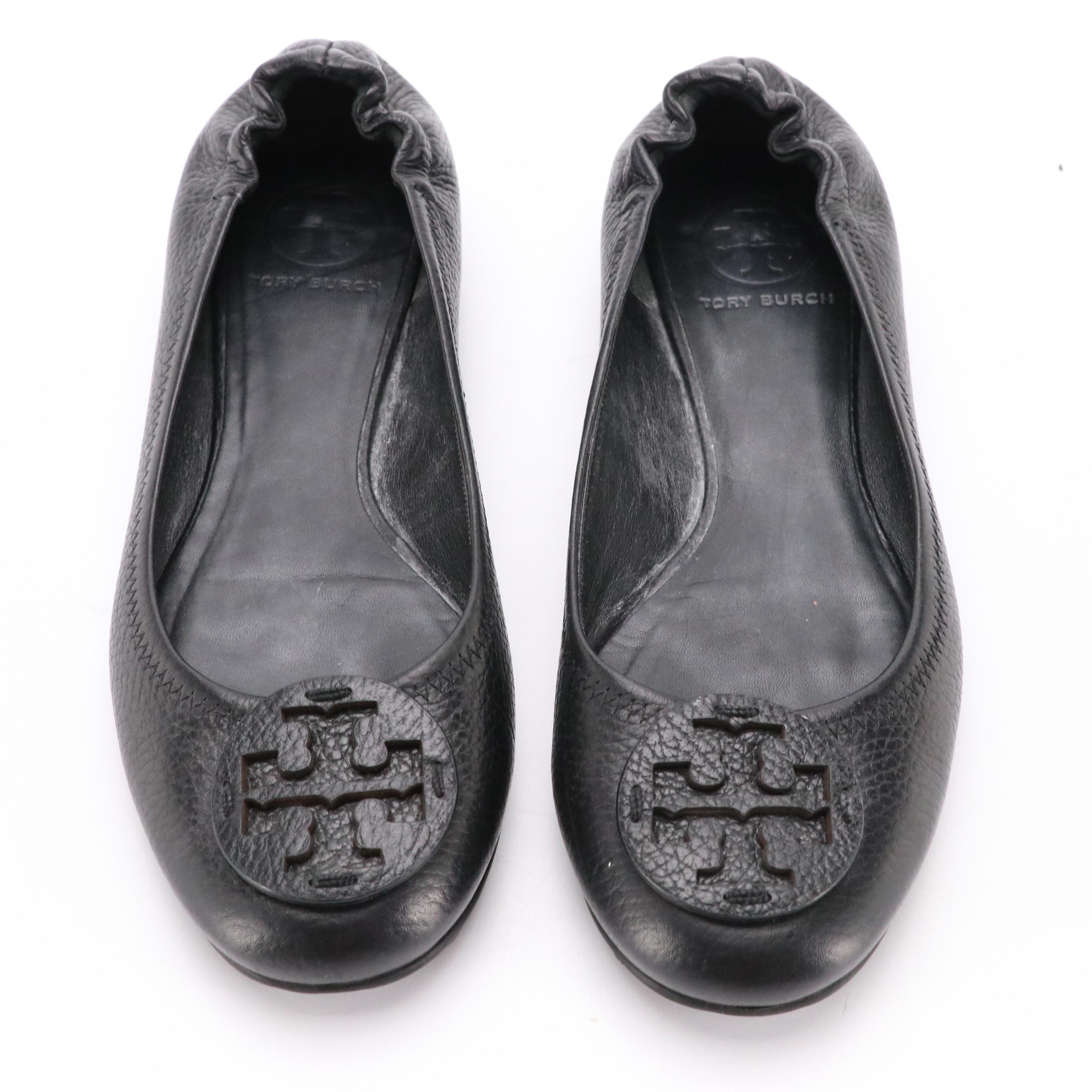 Tory Burch Black Leather Logo Ballet Flats