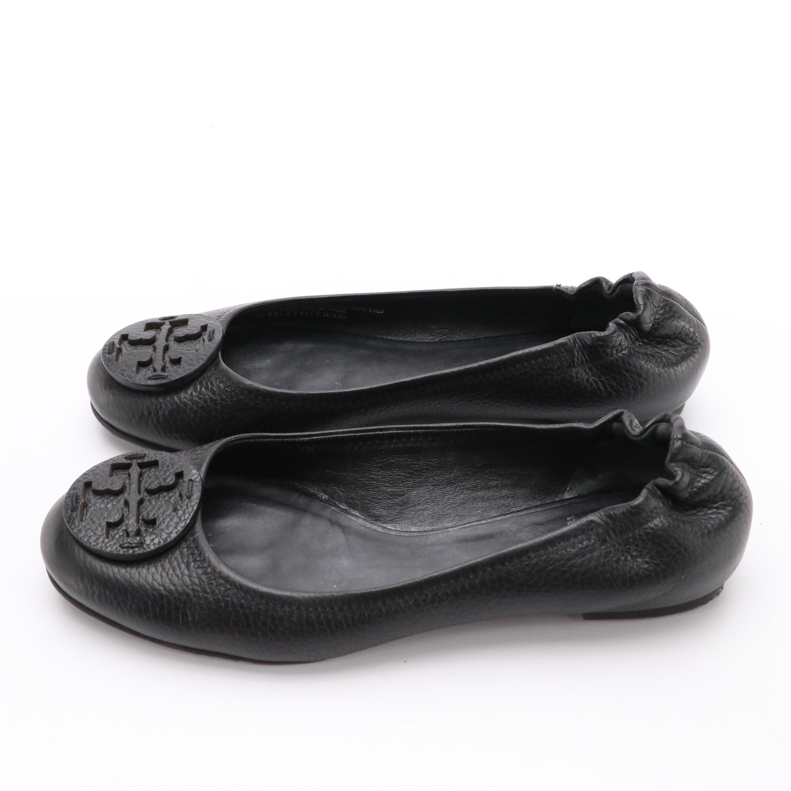 Tory Burch Black Leather Logo Ballet Flats