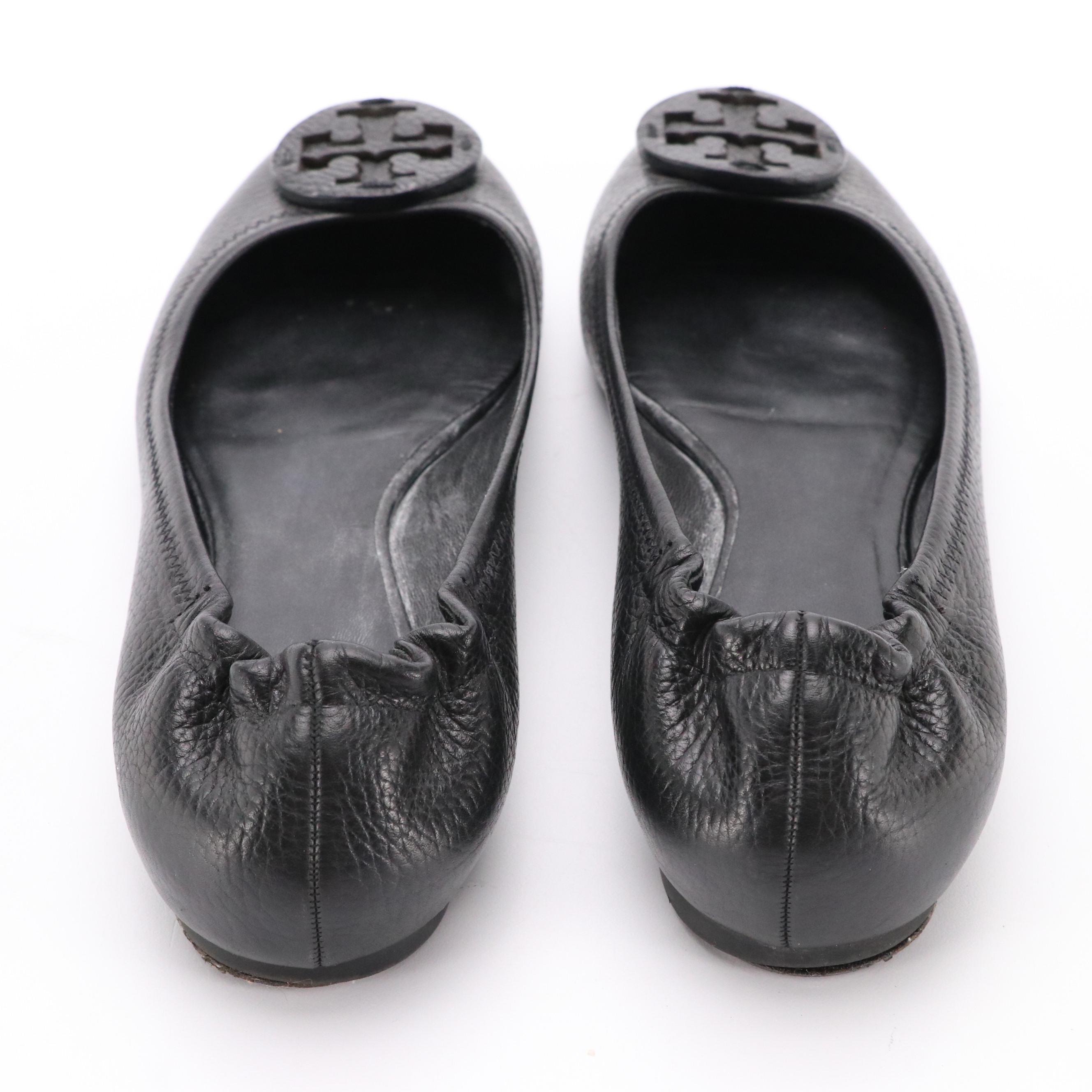 Tory Burch Black Leather Logo Ballet Flats