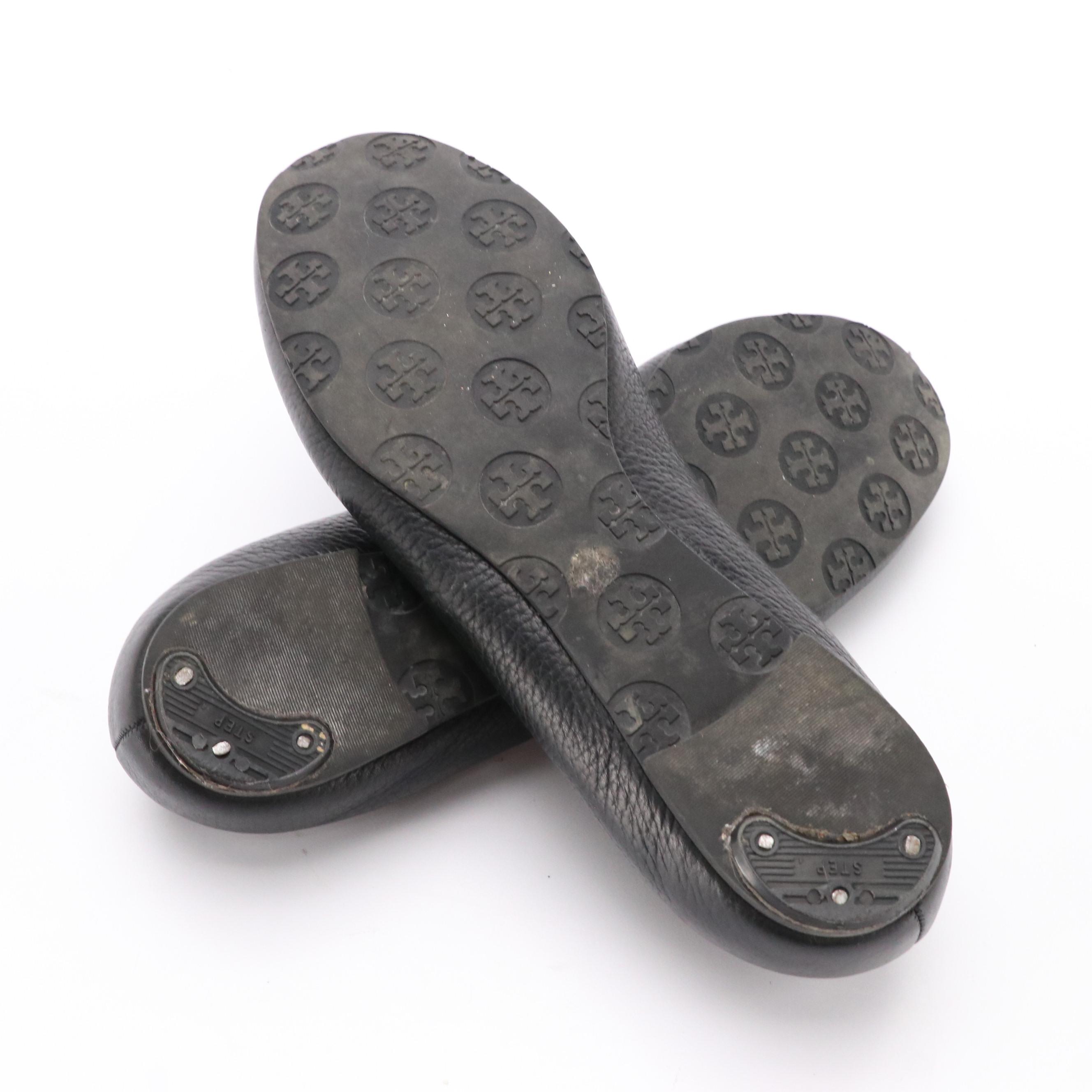 Tory Burch Black Leather Logo Ballet Flats
