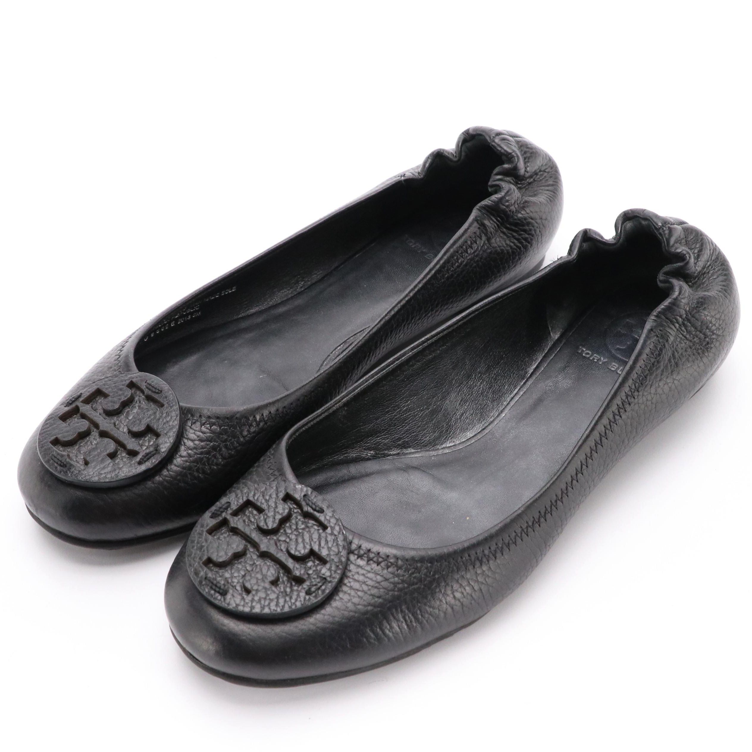 Tory Burch Black Leather Logo Ballet Flats