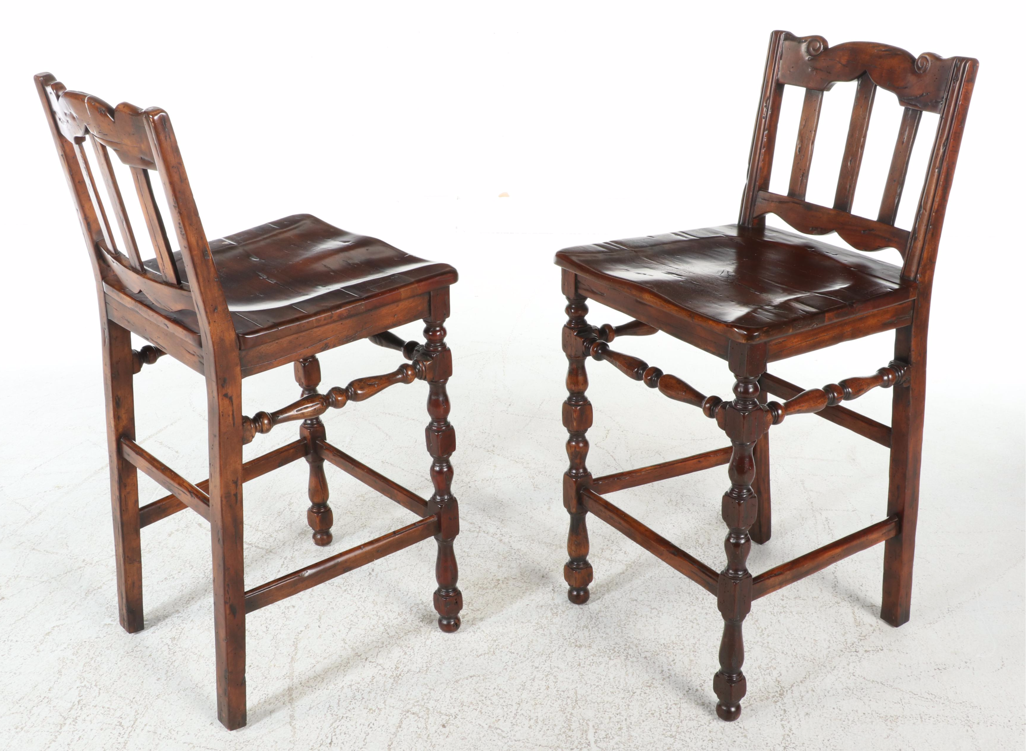 Pair of Theodore Alexander "Castle Bromwich" Reclaimed Wood Bar Stools