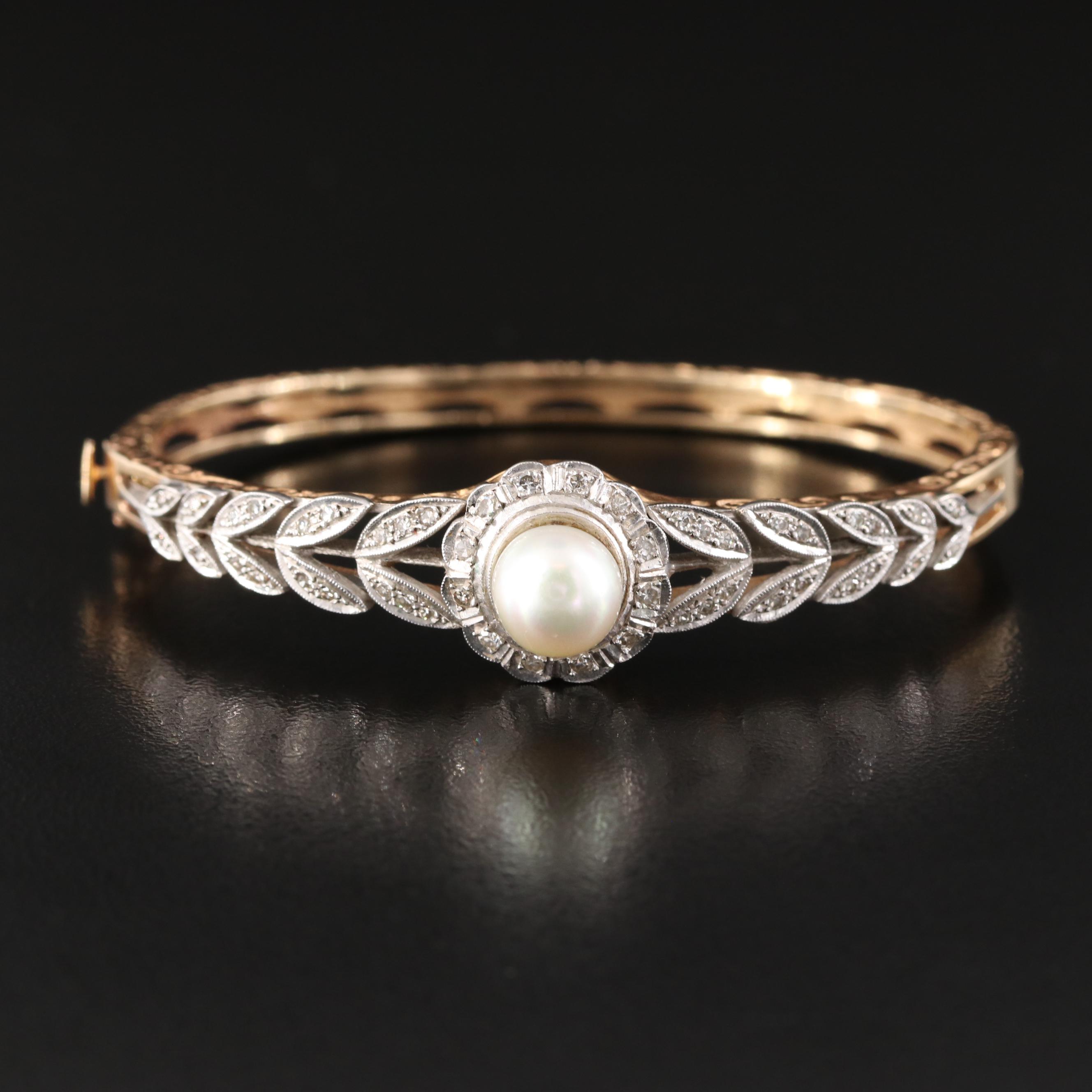 Antique 14K Pearl and Diamond Laurel Leaf Hinged Bangle Bracelet