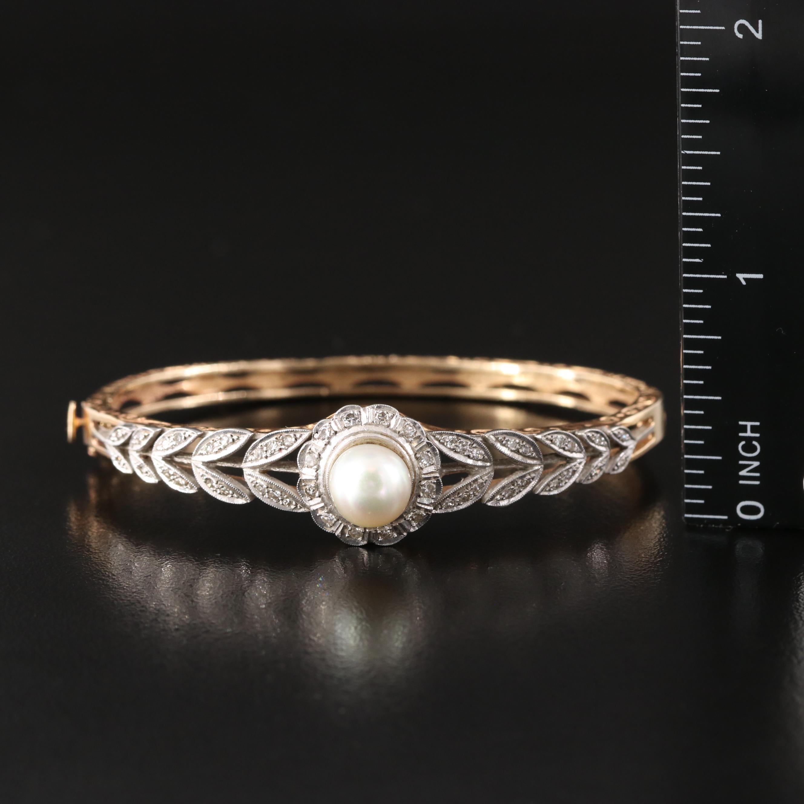 Antique 14K Pearl and Diamond Laurel Leaf Hinged Bangle Bracelet