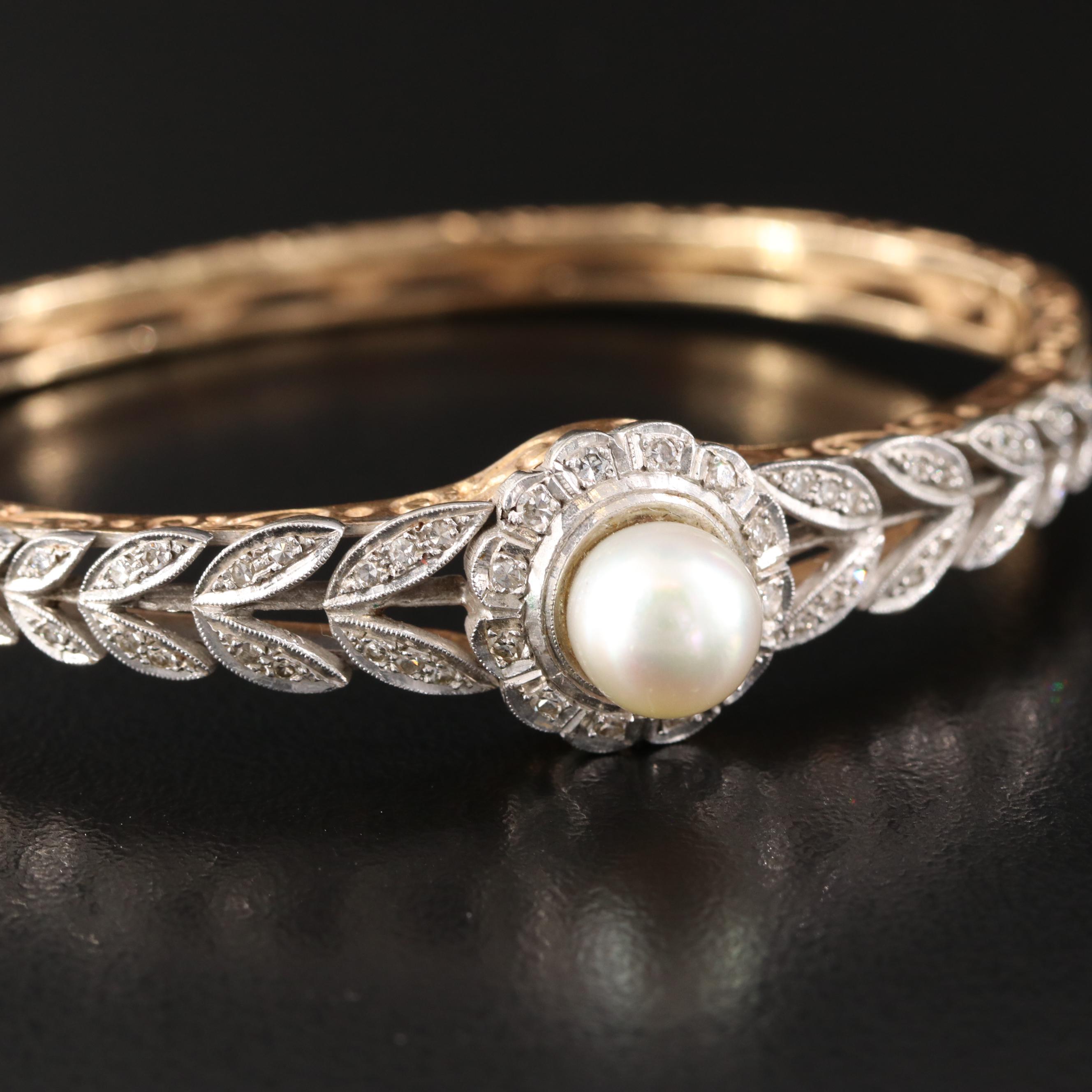 Antique 14K Pearl and Diamond Laurel Leaf Hinged Bangle Bracelet