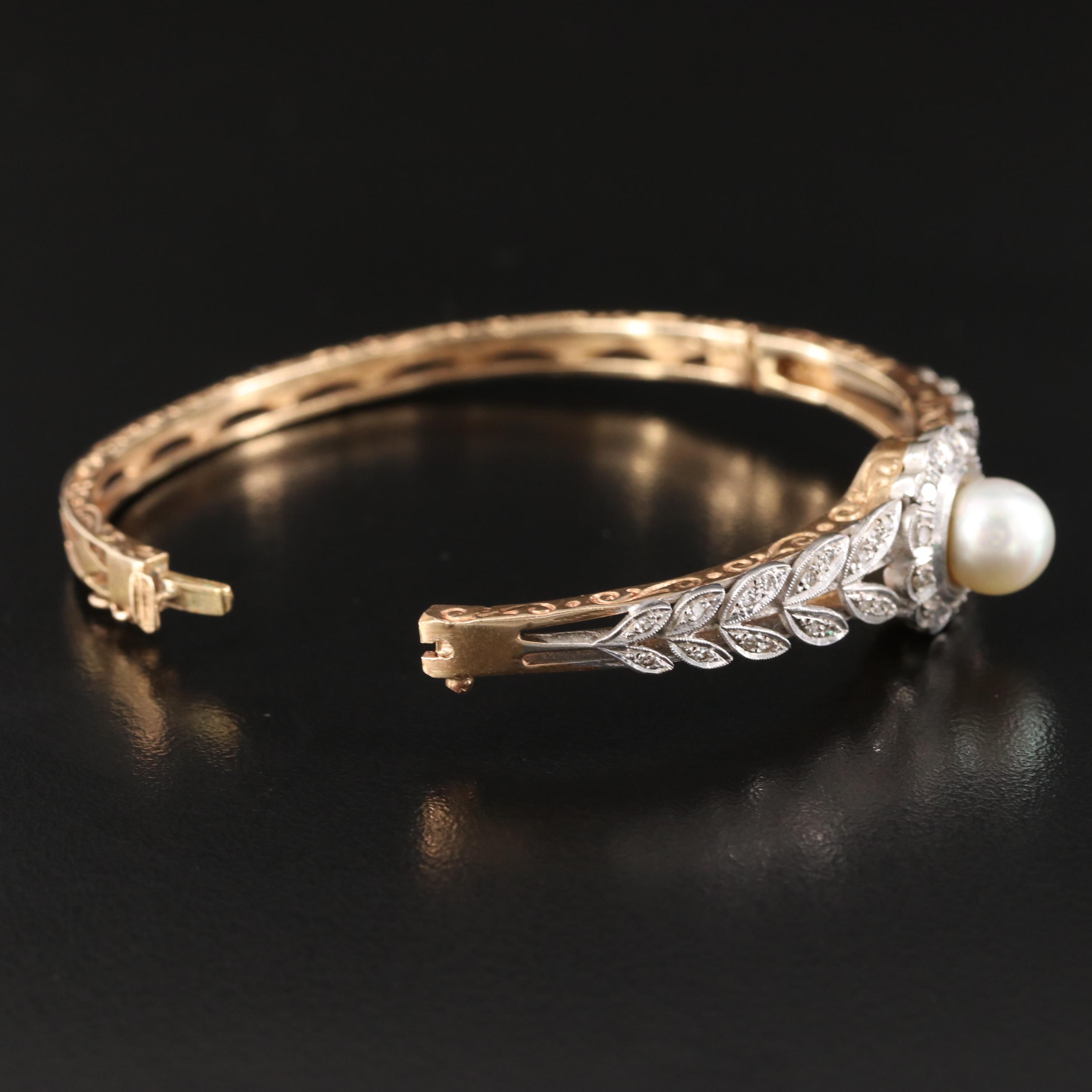Antique 14K Pearl and Diamond Laurel Leaf Hinged Bangle Bracelet